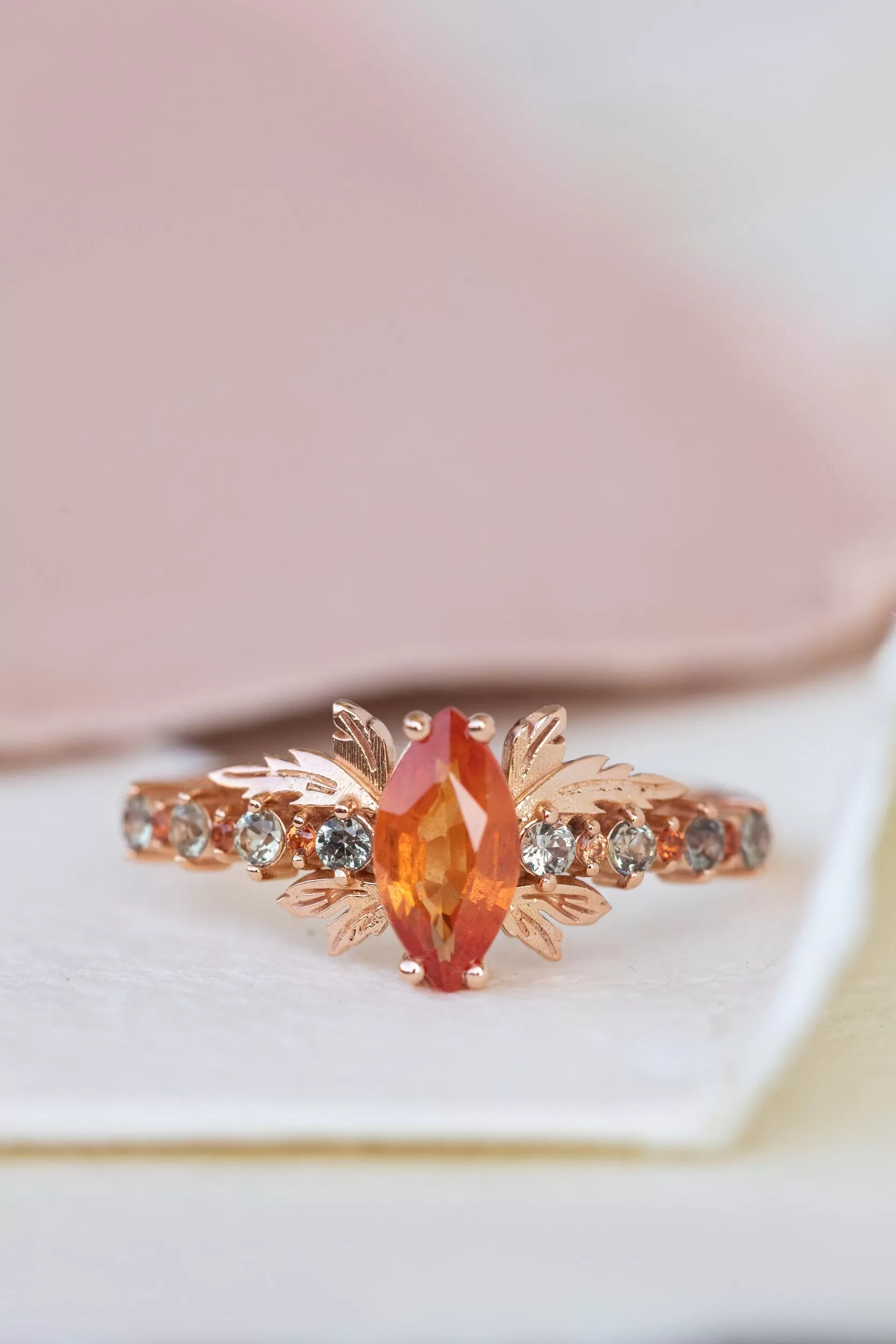 Multi sapphire engagement ring, nature inspired ring with orange sapphire / Verbena