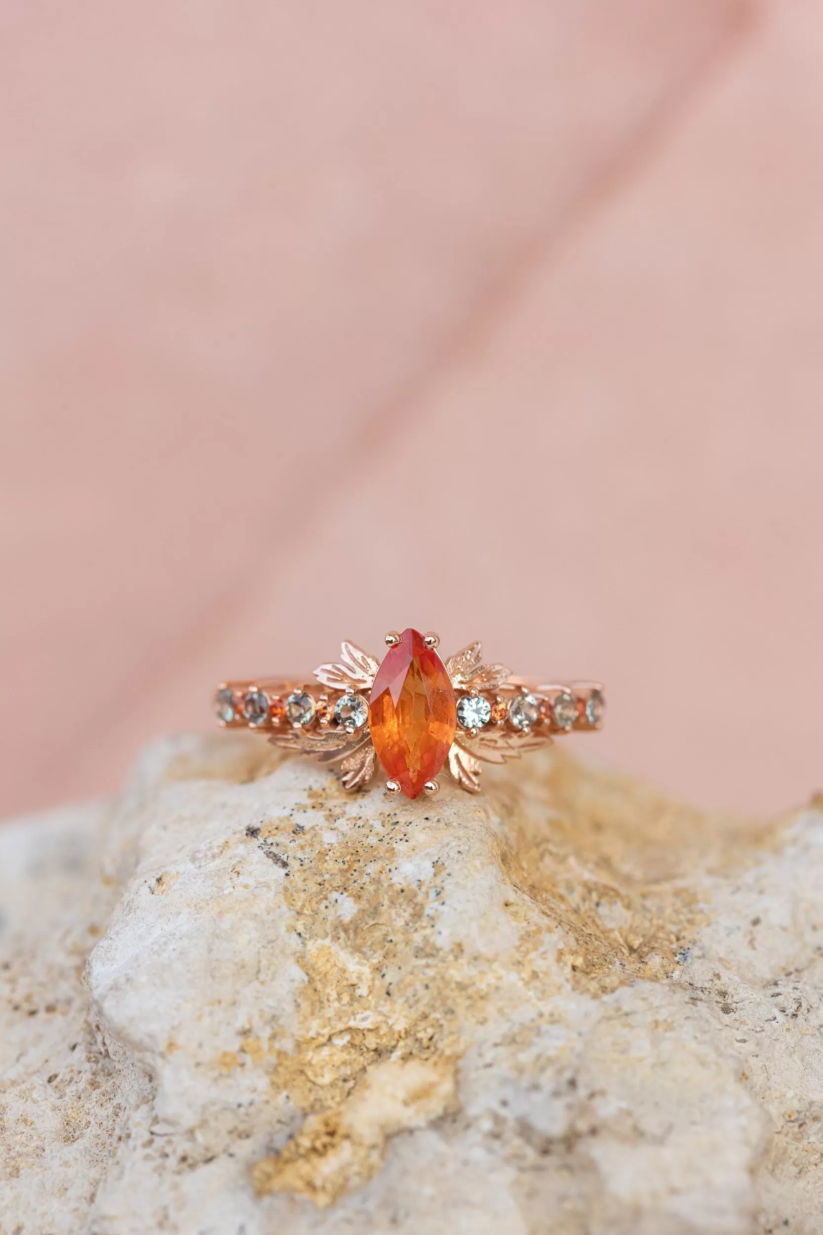 Multi sapphire engagement ring, nature inspired ring with orange sapphire / Verbena