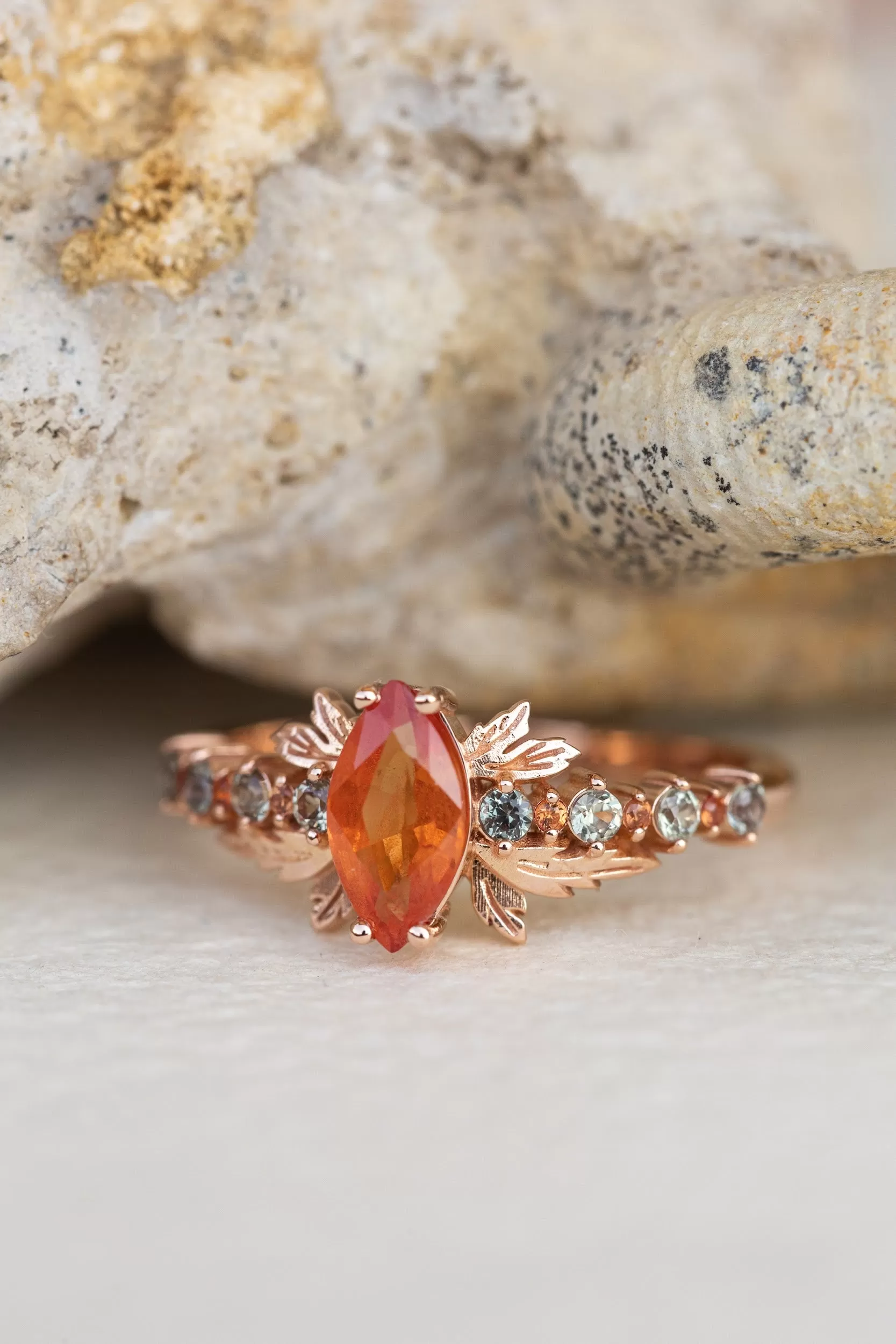 Multi sapphire engagement ring, nature inspired ring with orange sapphire / Verbena