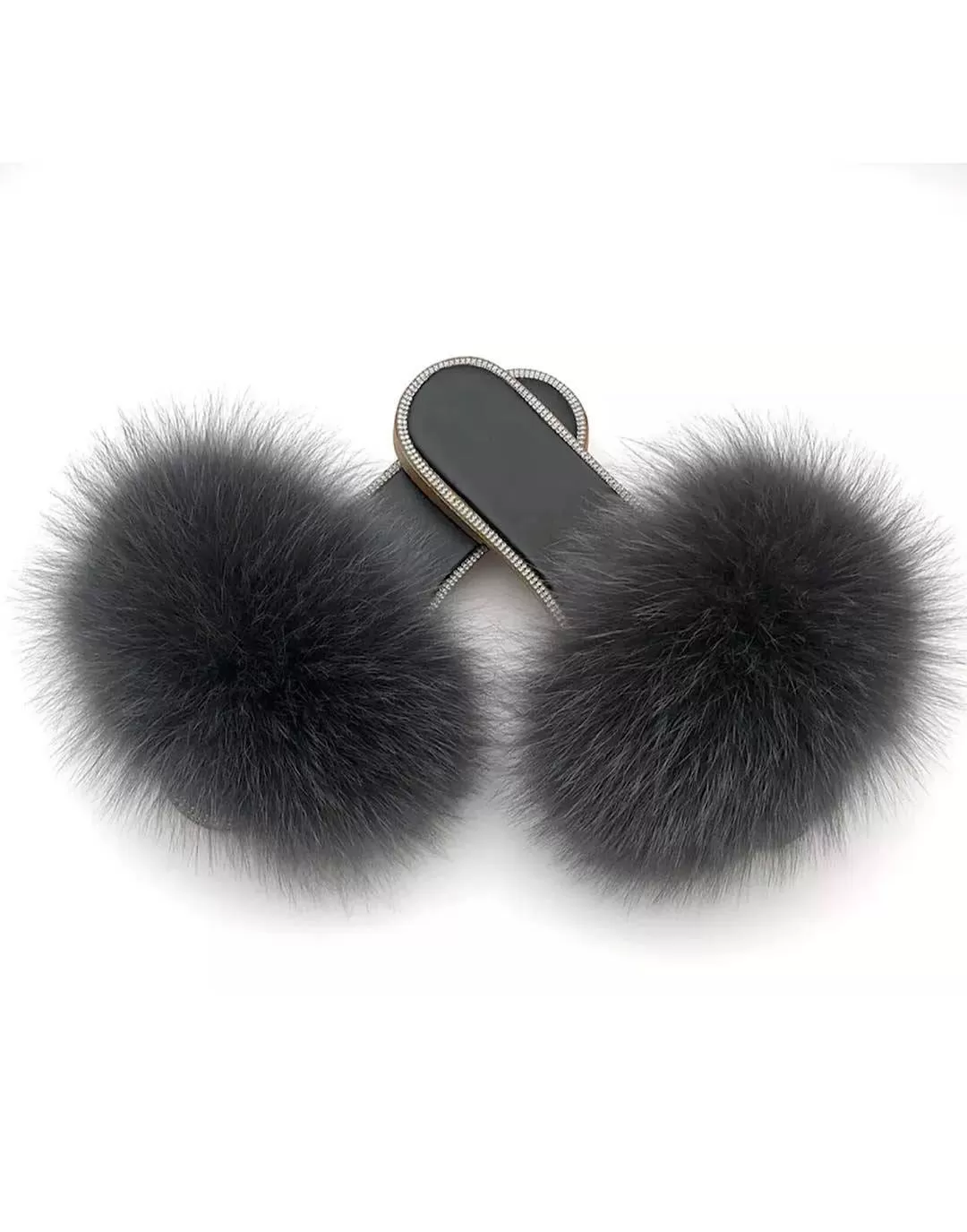 Natural Fur Slides With Rhinestones