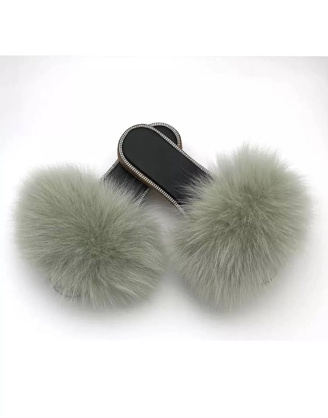 Natural Fur Slides With Rhinestones