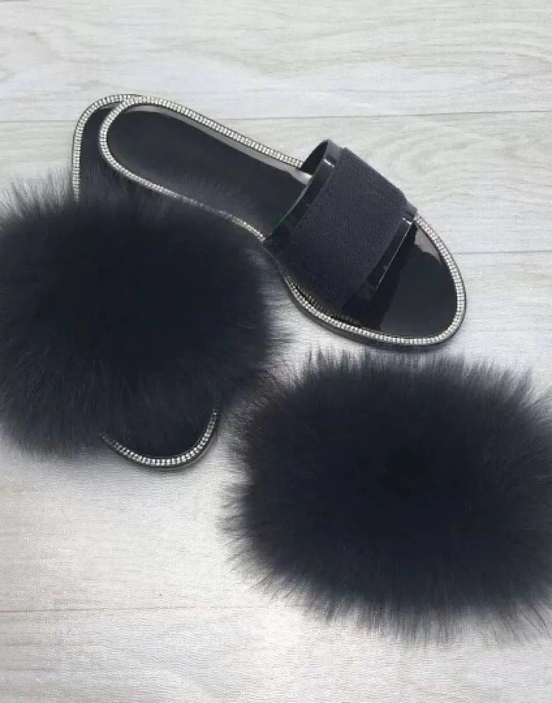 Natural Fur Slides With Rhinestones