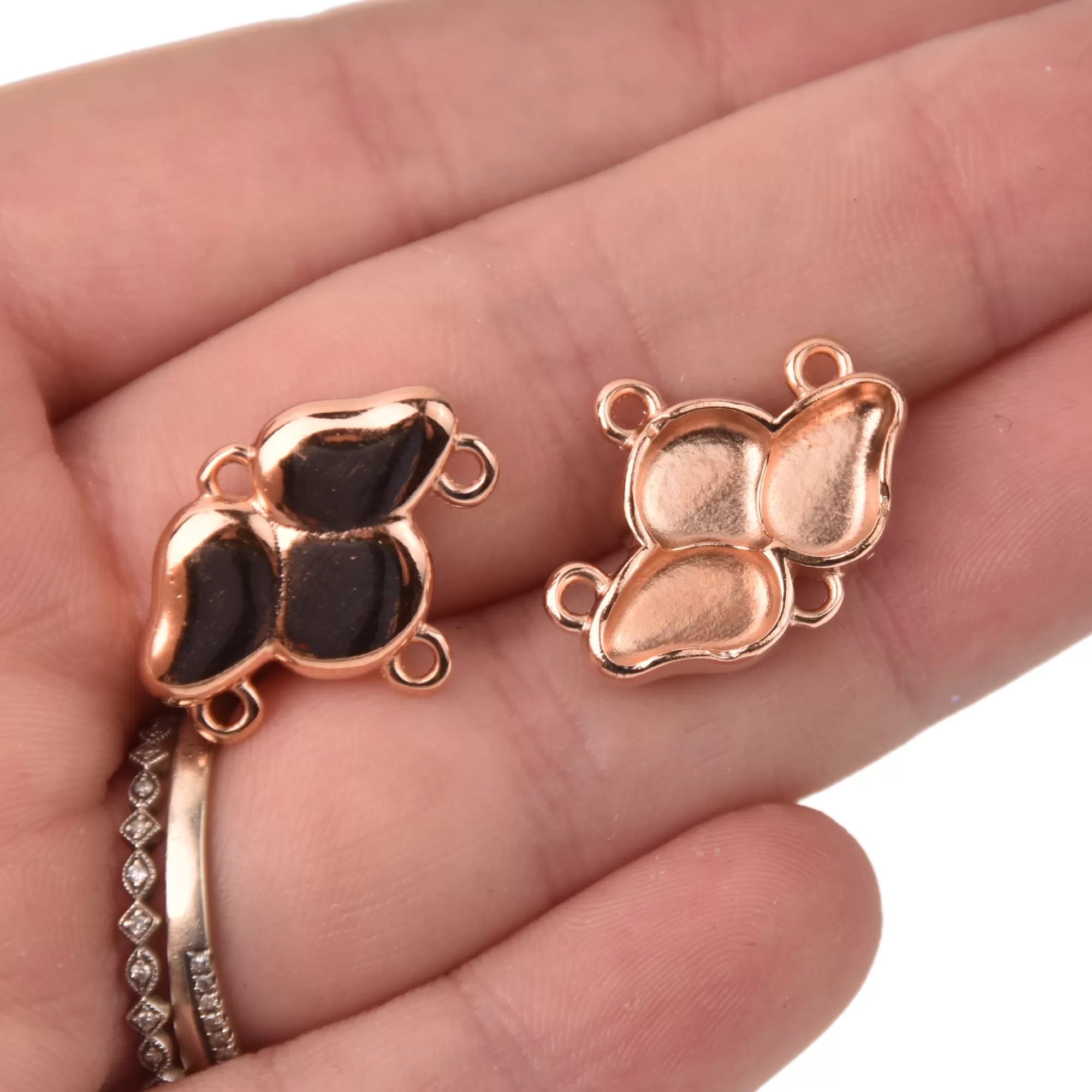 Paisley Ginko Seed Bead Connector Charms, Episkopi Pendant Settings Rose Gold, Silver, Bronze - 1 pair