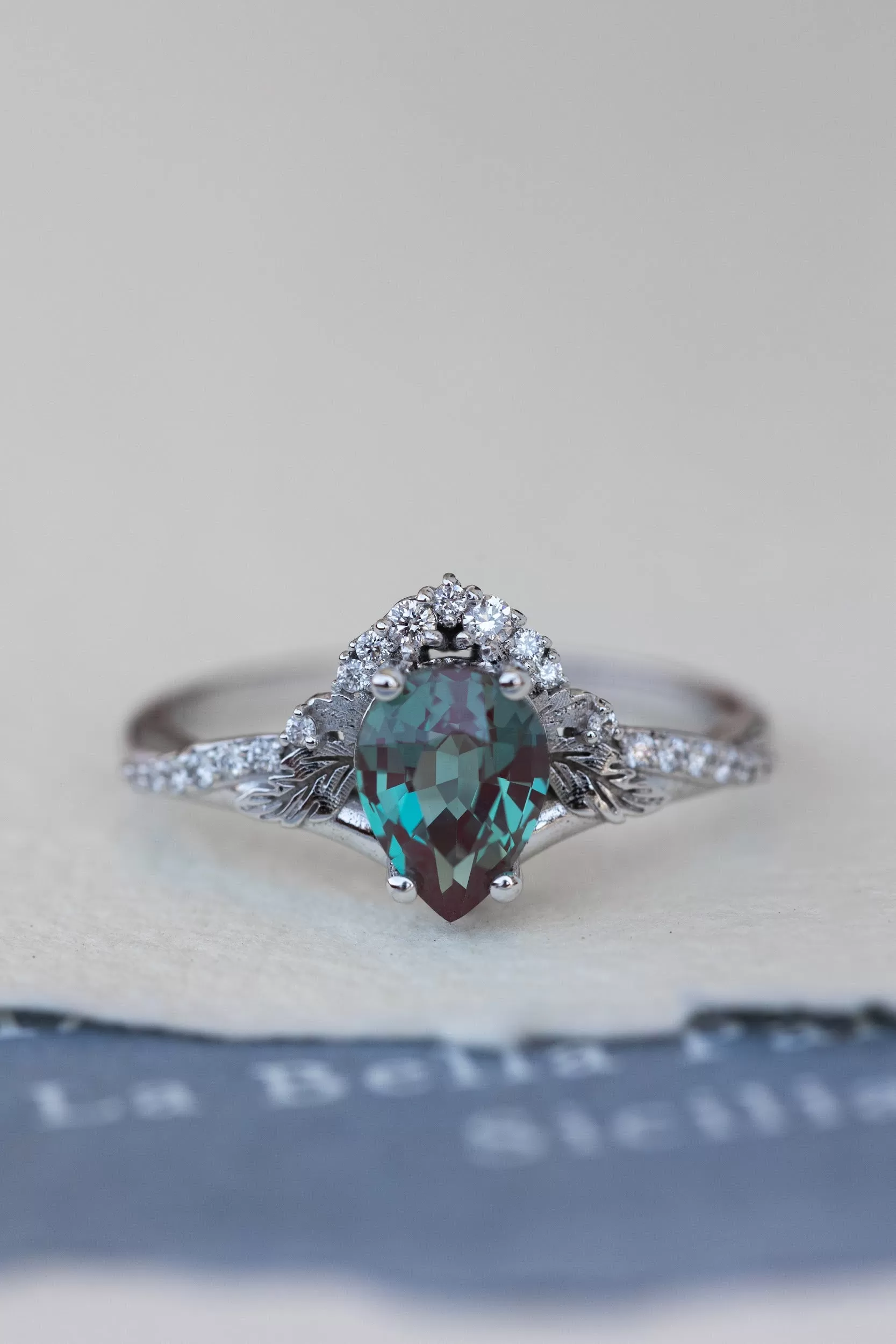 Pear lab alexandrite engagement ring, nature inspired proposal ring with accent diamonds / Amelia