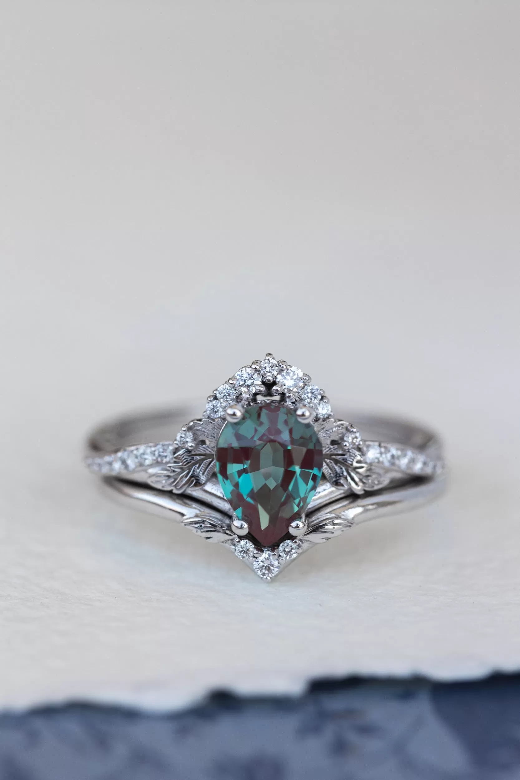 Pear lab alexandrite engagement ring, nature inspired proposal ring with accent diamonds / Amelia