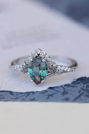 Pear lab alexandrite engagement ring, nature inspired proposal ring with accent diamonds / Amelia