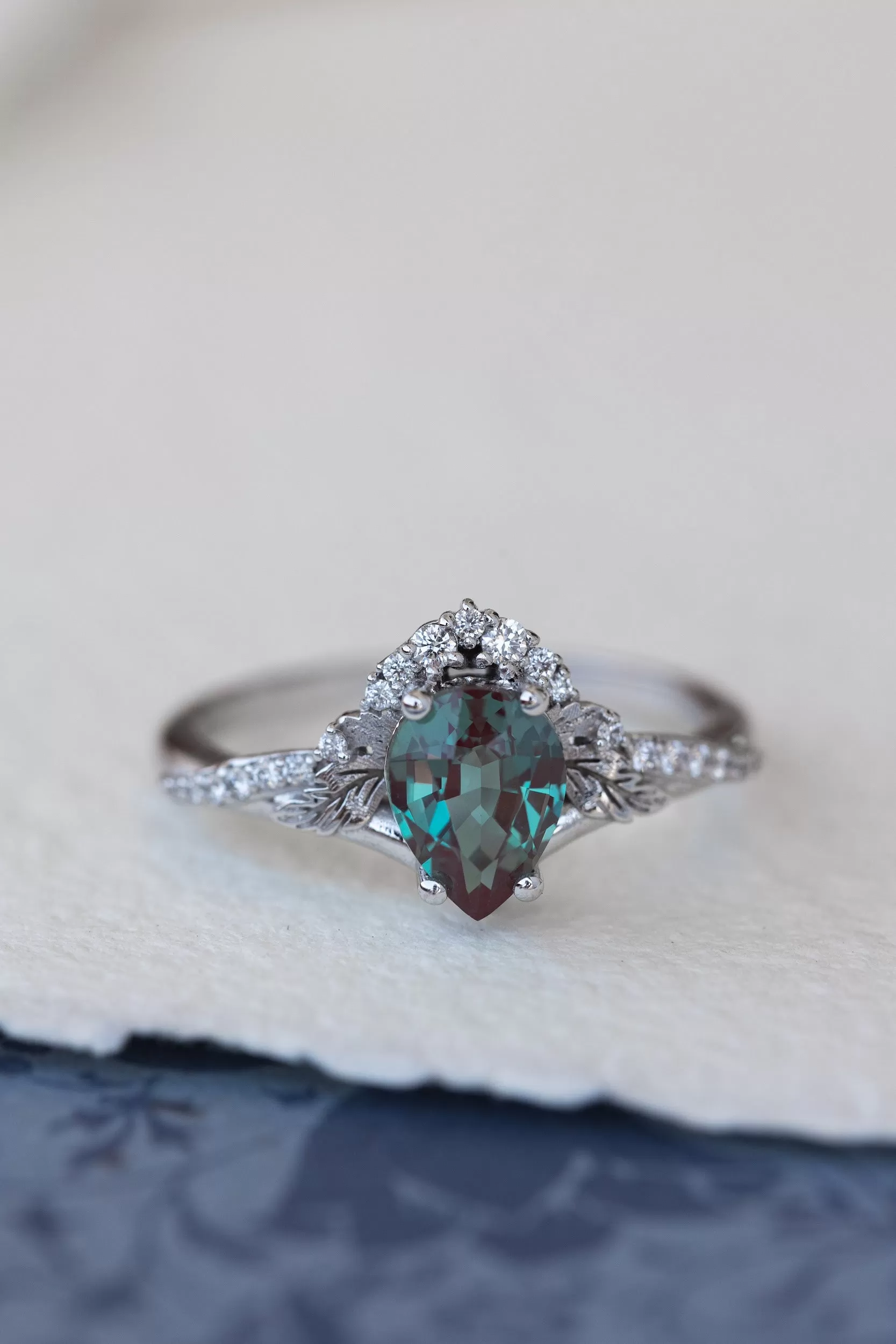 Pear lab alexandrite engagement ring, nature inspired proposal ring with accent diamonds / Amelia