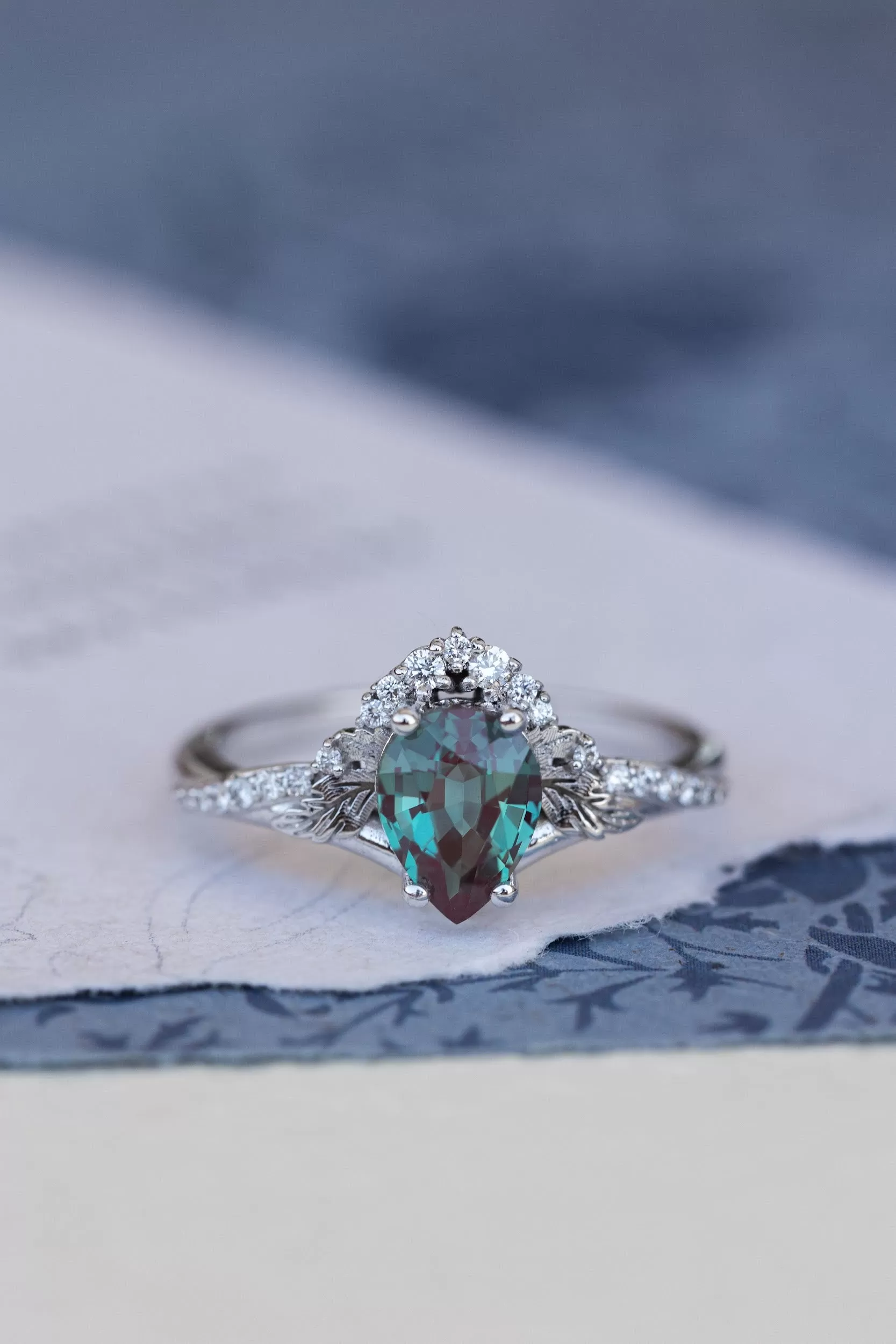 Pear lab alexandrite engagement ring, nature inspired proposal ring with accent diamonds / Amelia