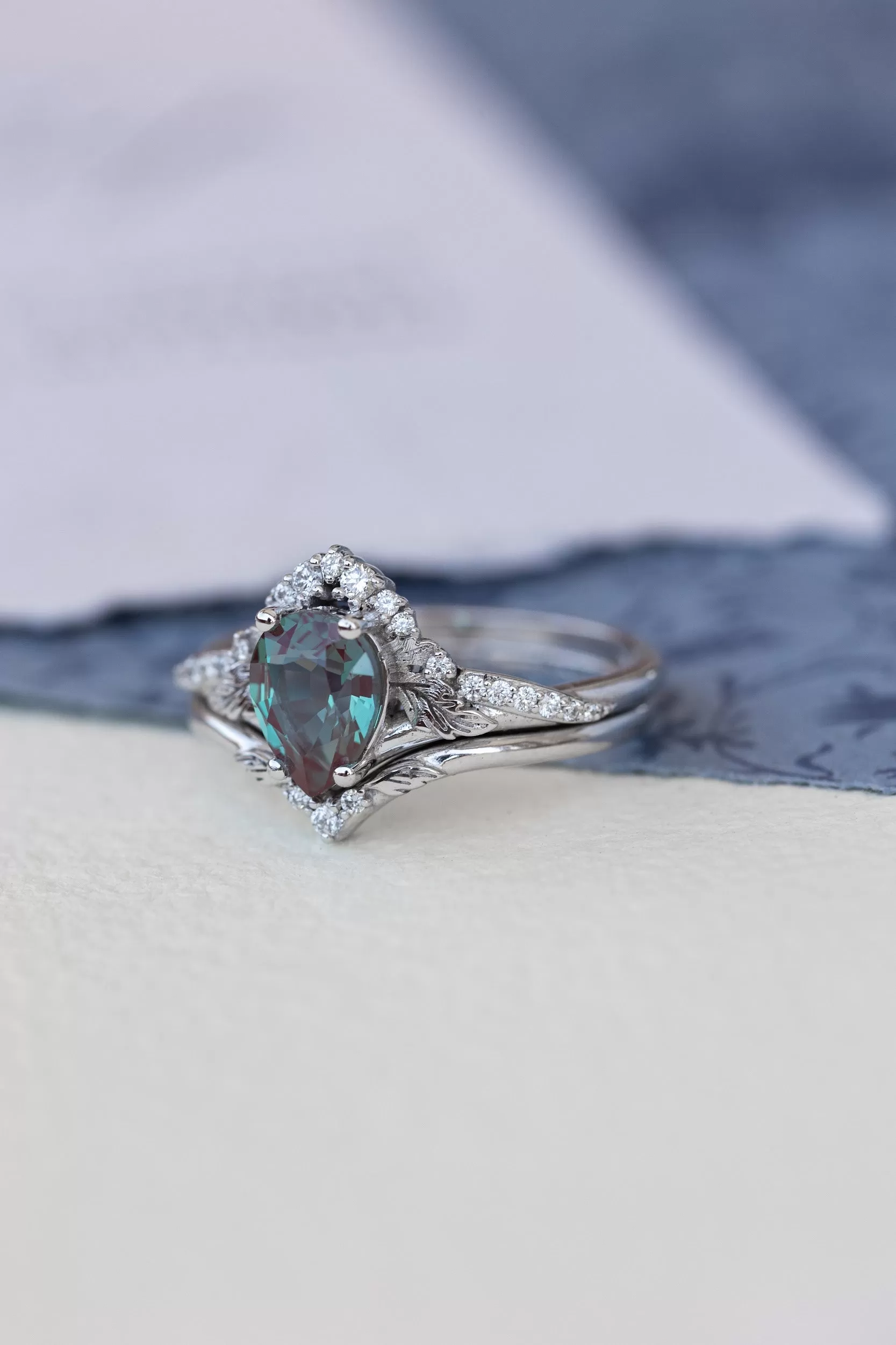 Pear lab alexandrite engagement ring, nature inspired proposal ring with accent diamonds / Amelia