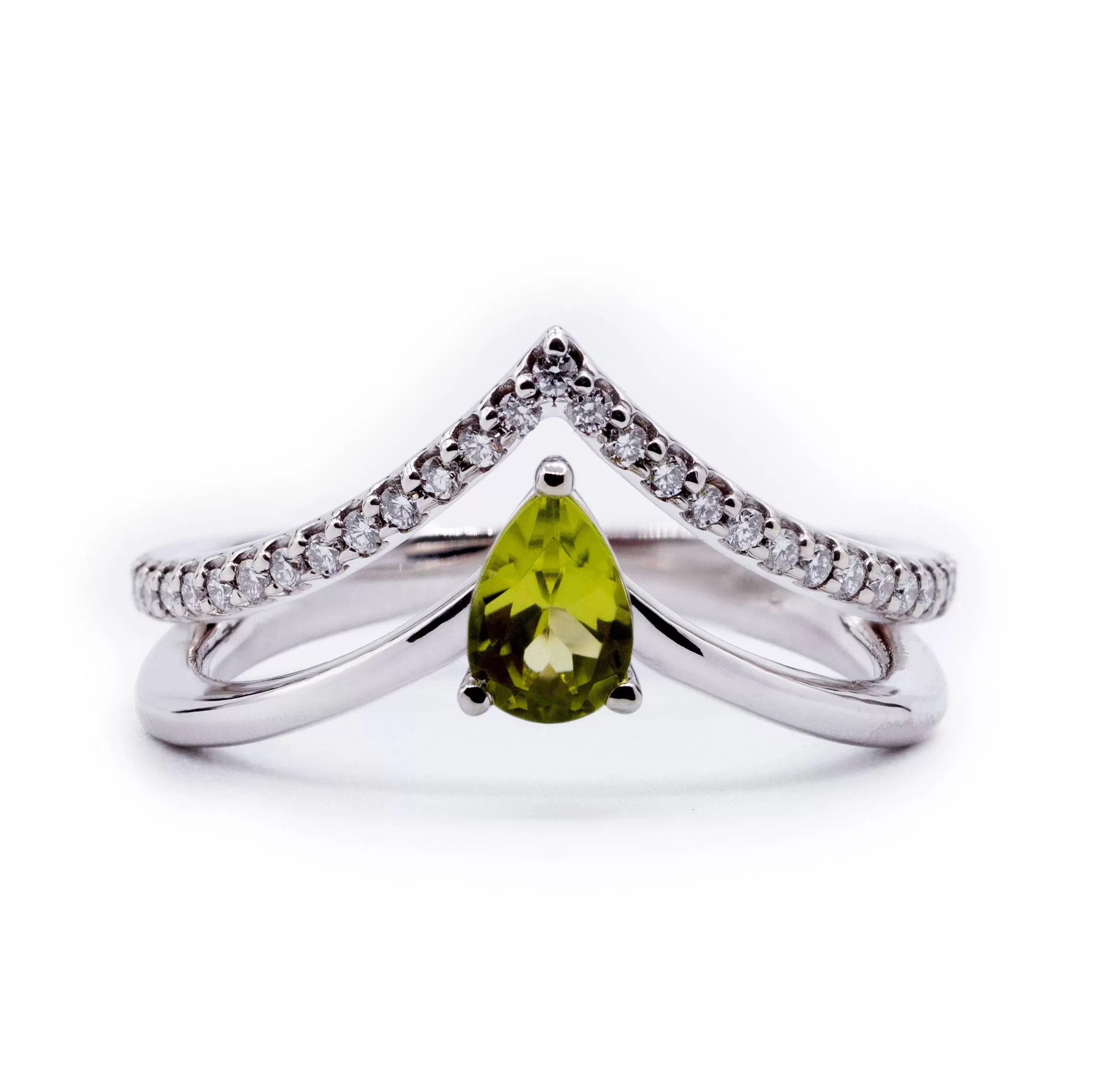 Pear Peridot Chevron Setting with Diamond Accents Ring