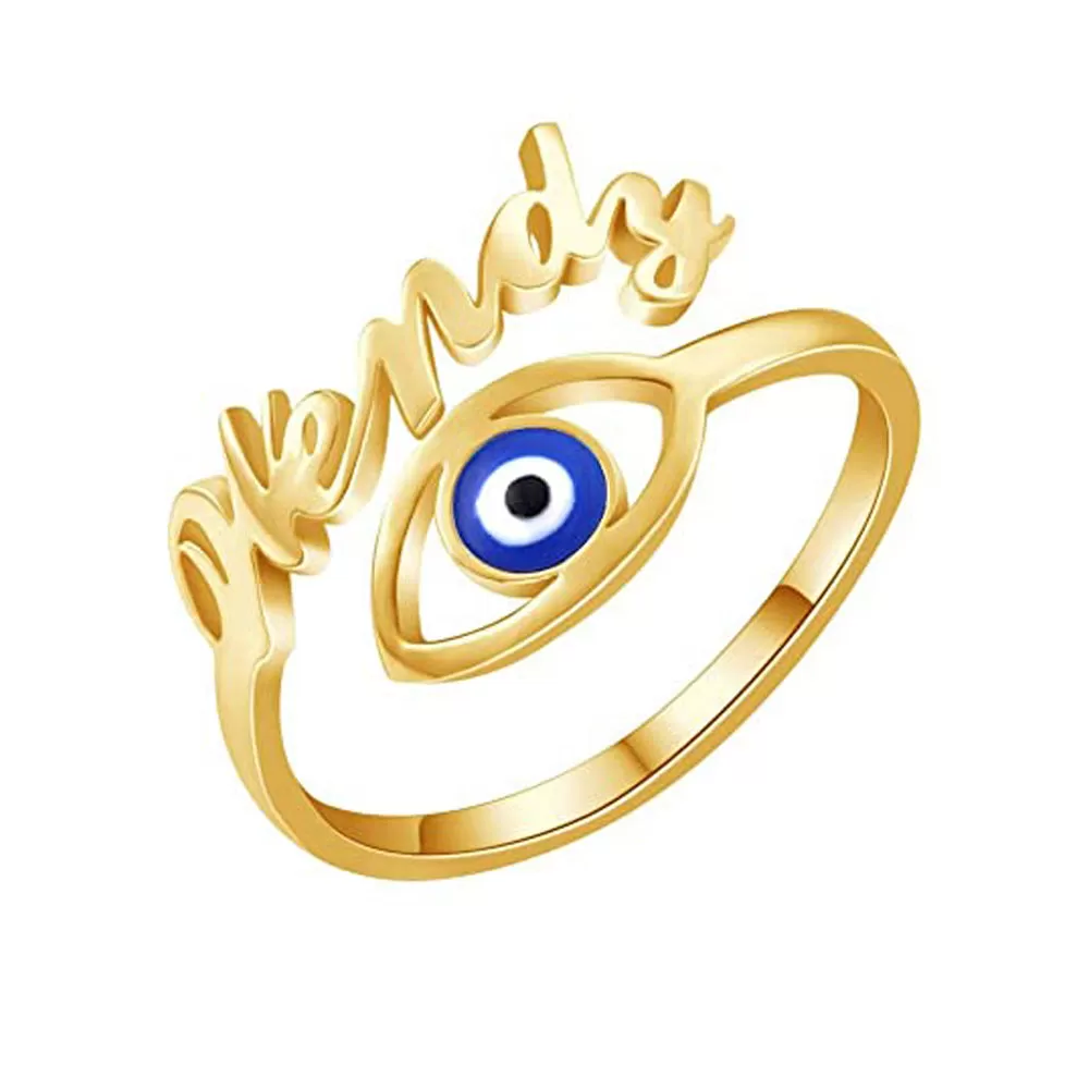 Personalized Name Ring for Women 10K 14K 18K Solid Gold Custom Name Ring Blue Evil Eye Ring for Girls Nameplate Jewelry Gift for Birthday Size 5-13