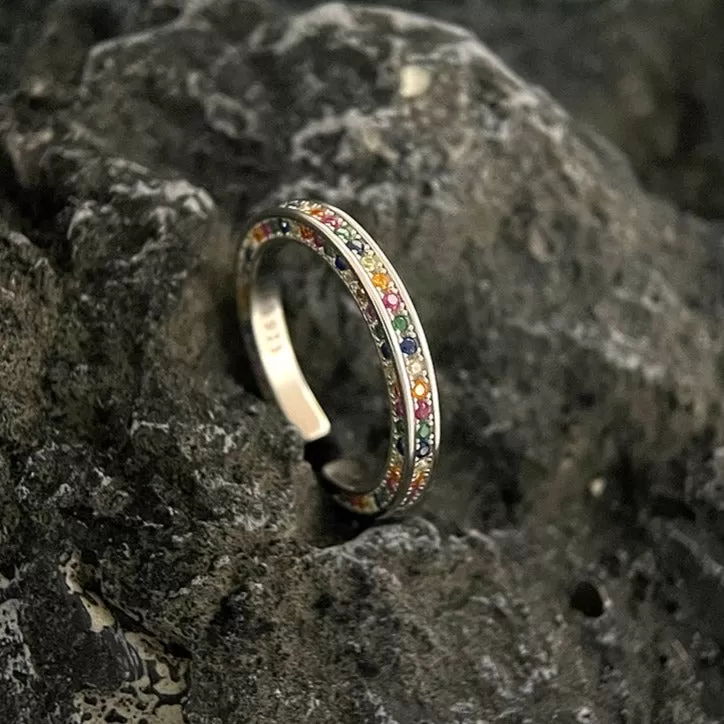 Rainbow Female Adjustable Ring Band In Sterling Silver