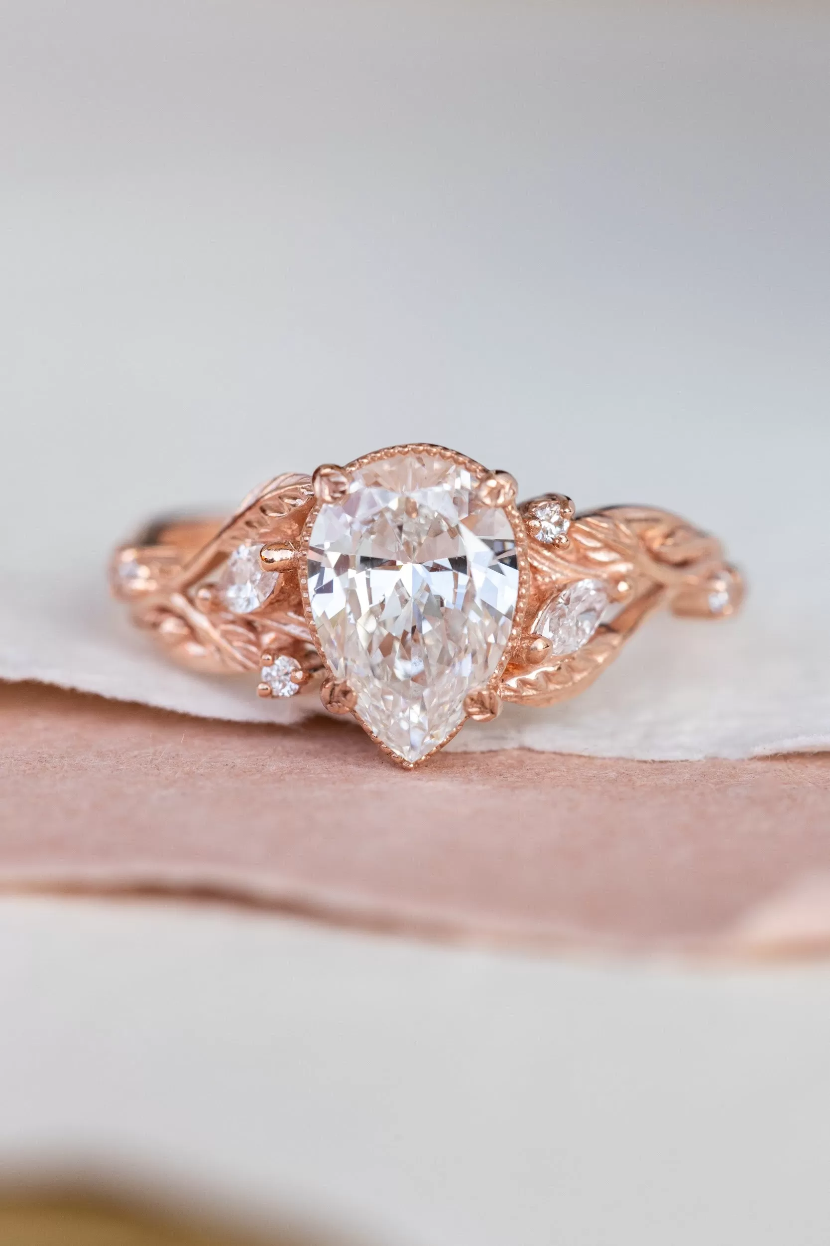 READY TO SHIP: Patricia ring in 14K rose gold, lab grown diamond pear cut 9x6* mm, accents lab grown diamonds, AVAILABLE RING SIZES: 5.5-8US