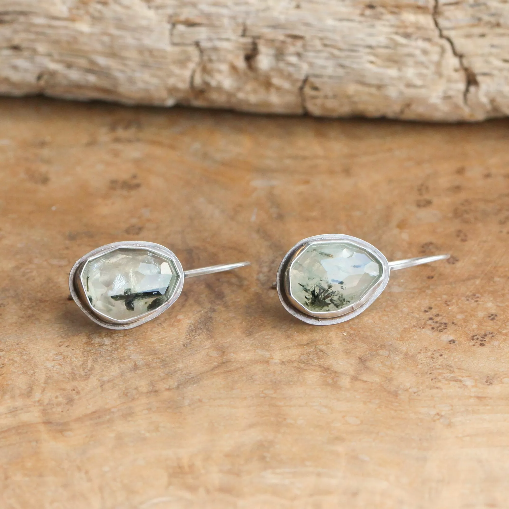 READY TO SHIP - Prehnite Drop Earrings - Prehnite Earrings - French Clip Earrings - Silversmith Earrings - Ooak