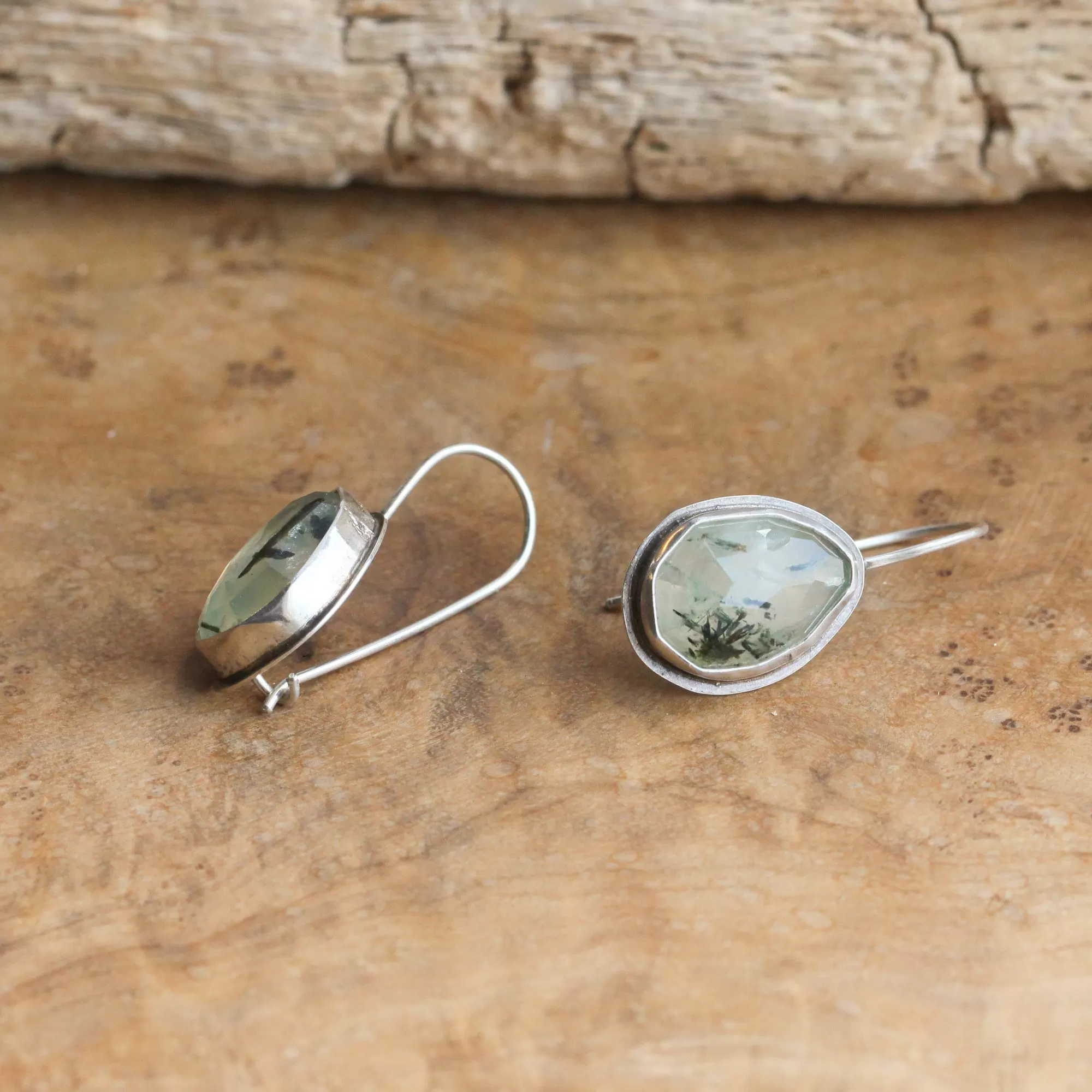 READY TO SHIP - Prehnite Drop Earrings - Prehnite Earrings - French Clip Earrings - Silversmith Earrings - Ooak