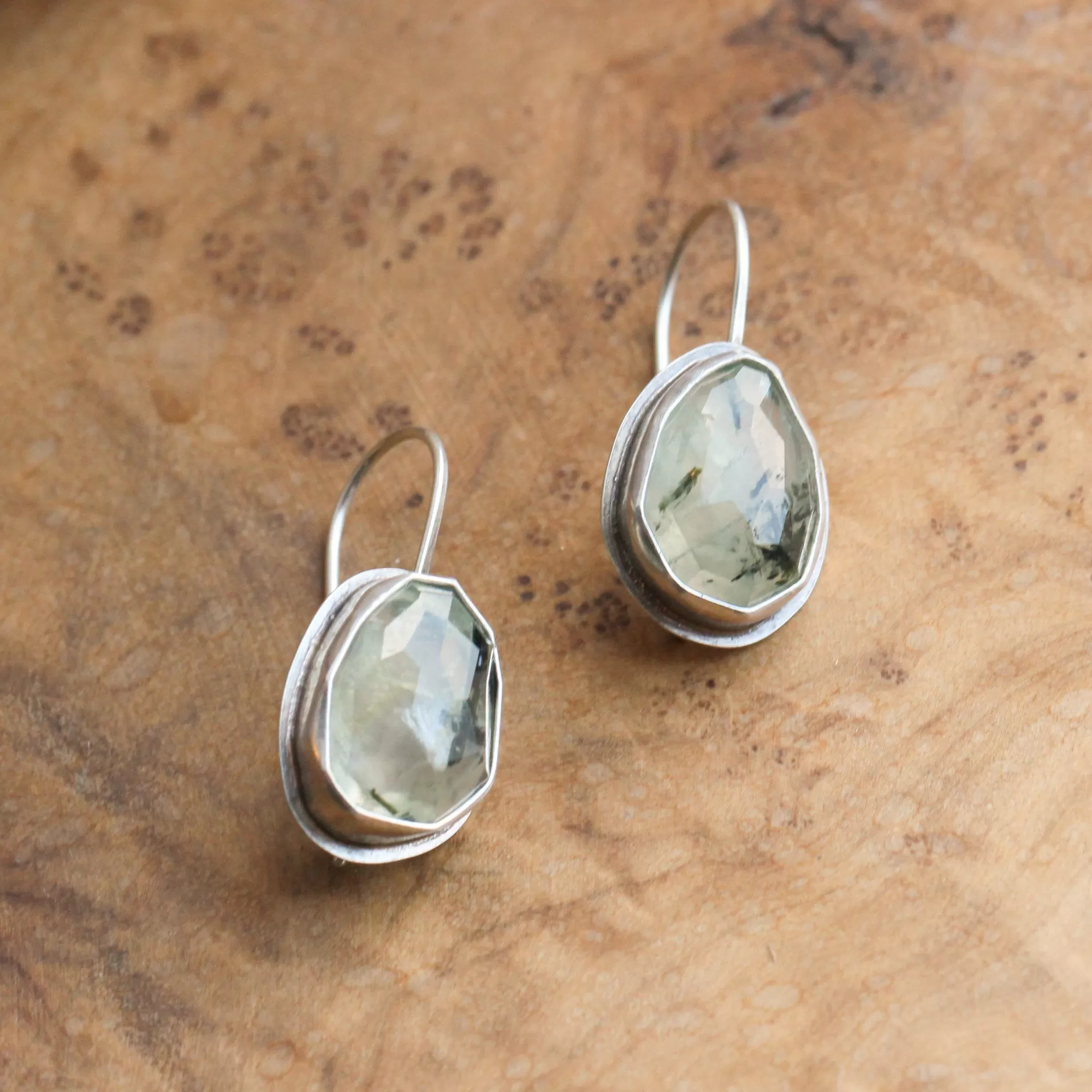 READY TO SHIP - Prehnite Drop Earrings - Prehnite Earrings - French Clip Earrings - Silversmith Earrings - Ooak