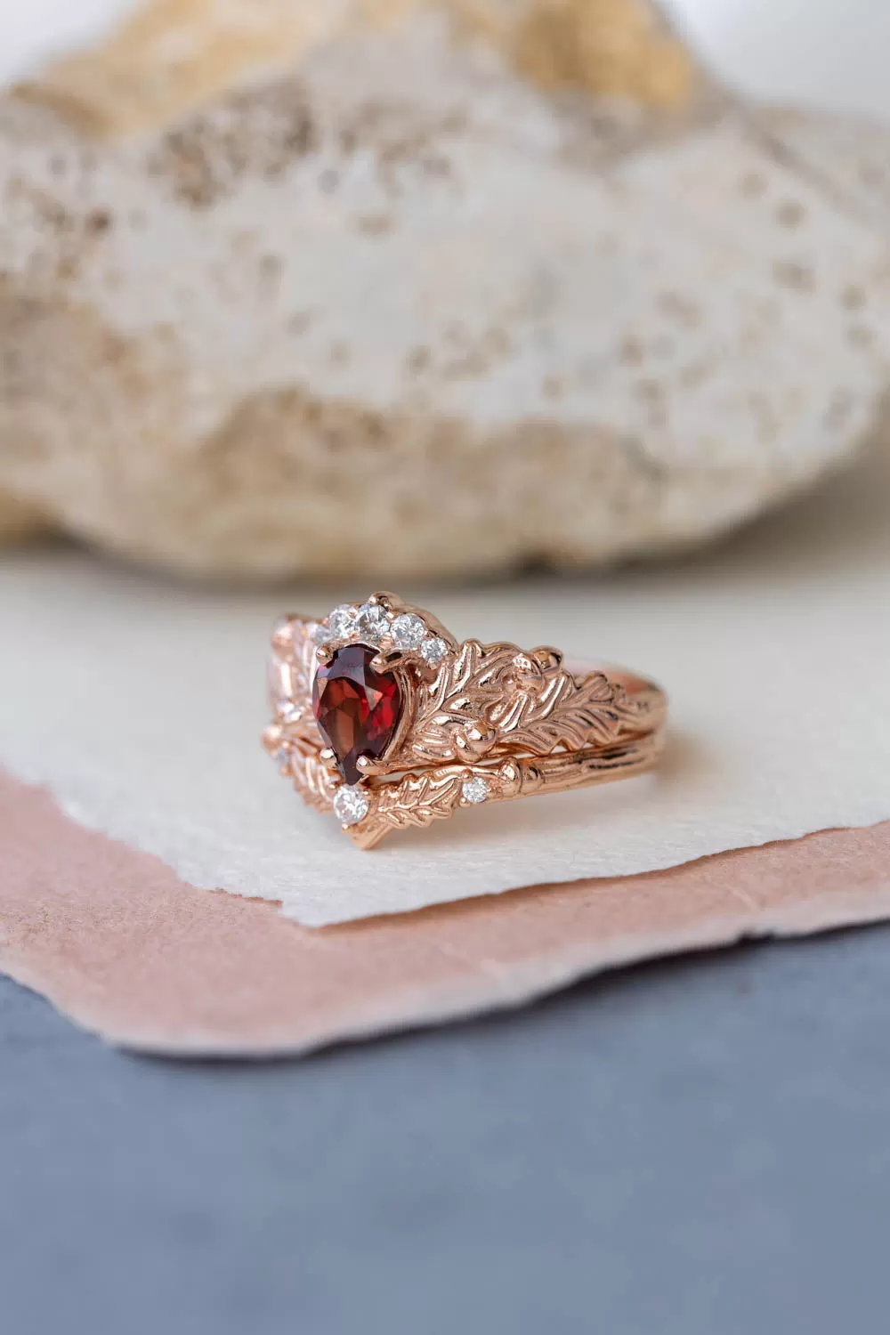 READY TO SHIP: Royal oak ring set in 14K rose gold, natural garnet pear cut 7x5 mm, moissanites, AVAILABLE RING SIZES: 6-8US