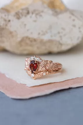 READY TO SHIP: Royal oak ring set in 14K rose gold, natural garnet pear cut 7x5 mm, moissanites, AVAILABLE RING SIZES: 6-8US