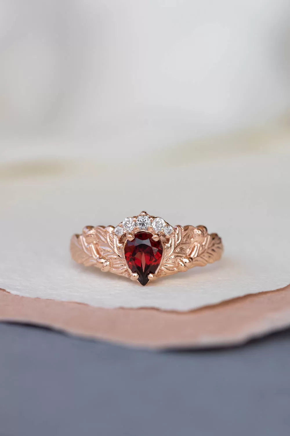 READY TO SHIP: Royal oak ring set in 14K rose gold, natural garnet pear cut 7x5 mm, moissanites, AVAILABLE RING SIZES: 6-8US