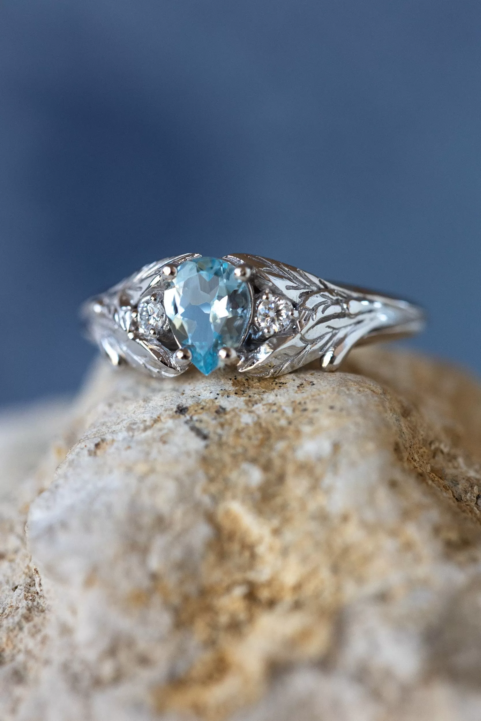 READY TO SHIP: Wisteria ring in 14K white gold, natural aquamarine pear cut 7x5 mm, accent moissanites, AVAILABLE RING SIZES: 7-9US