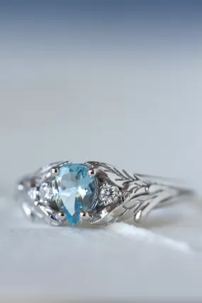 READY TO SHIP: Wisteria ring in 14K white gold, natural aquamarine pear cut 7x5 mm, accent moissanites, AVAILABLE RING SIZES: 7-9US