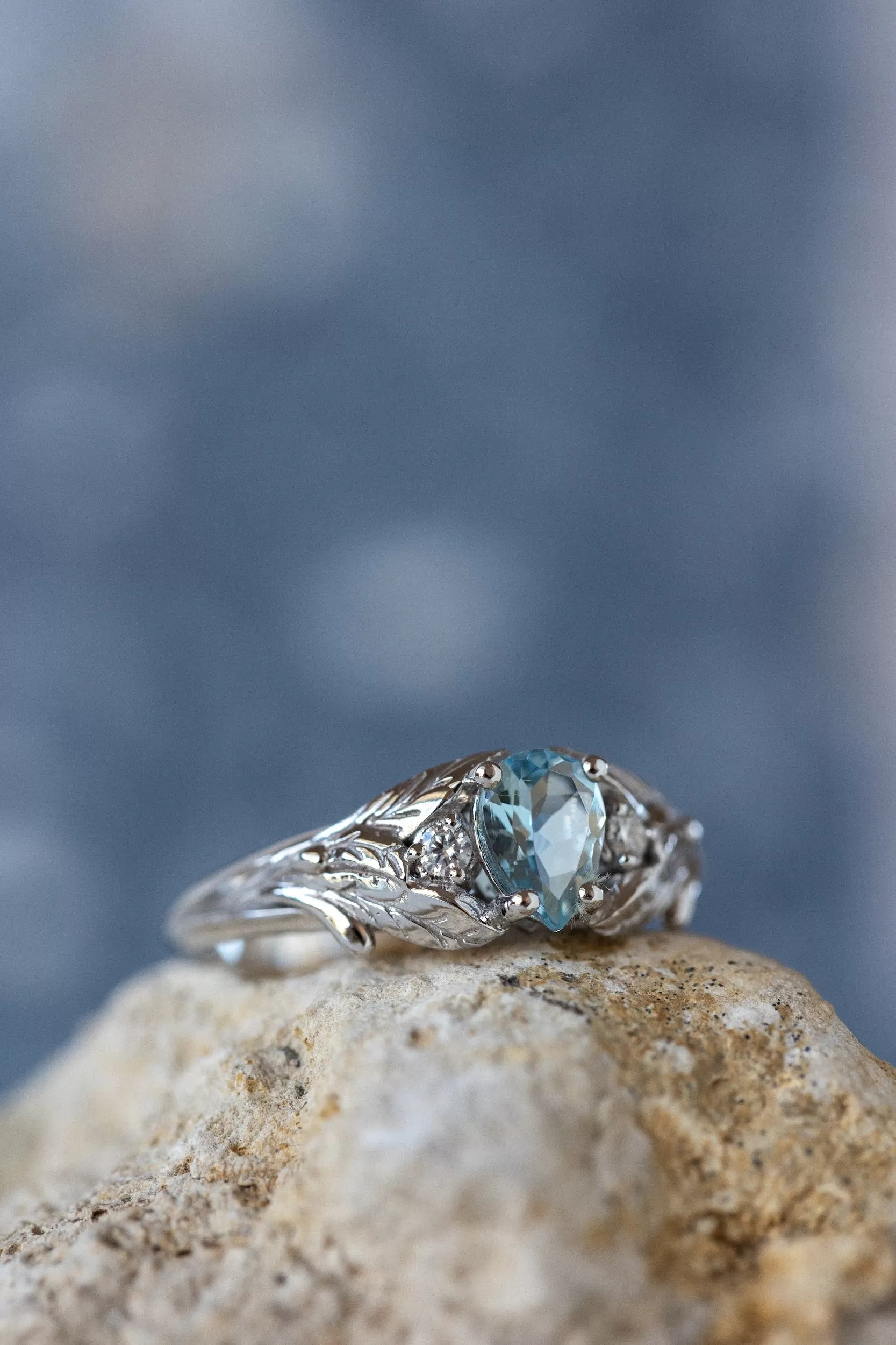 READY TO SHIP: Wisteria ring in 14K white gold, natural aquamarine pear cut 7x5 mm, accent moissanites, AVAILABLE RING SIZES: 7-9US