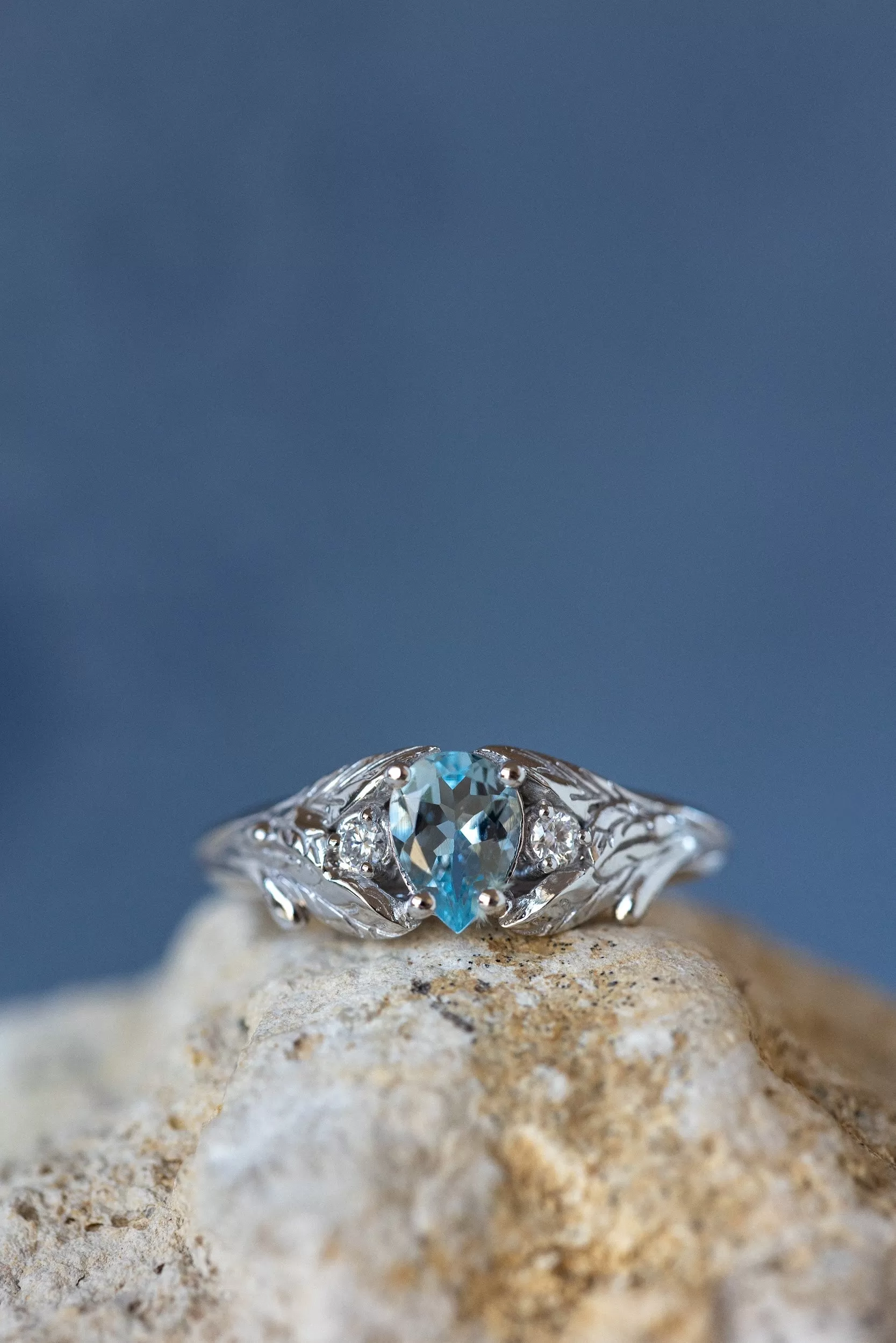 READY TO SHIP: Wisteria ring in 14K white gold, natural aquamarine pear cut 7x5 mm, accent moissanites, AVAILABLE RING SIZES: 7-9US