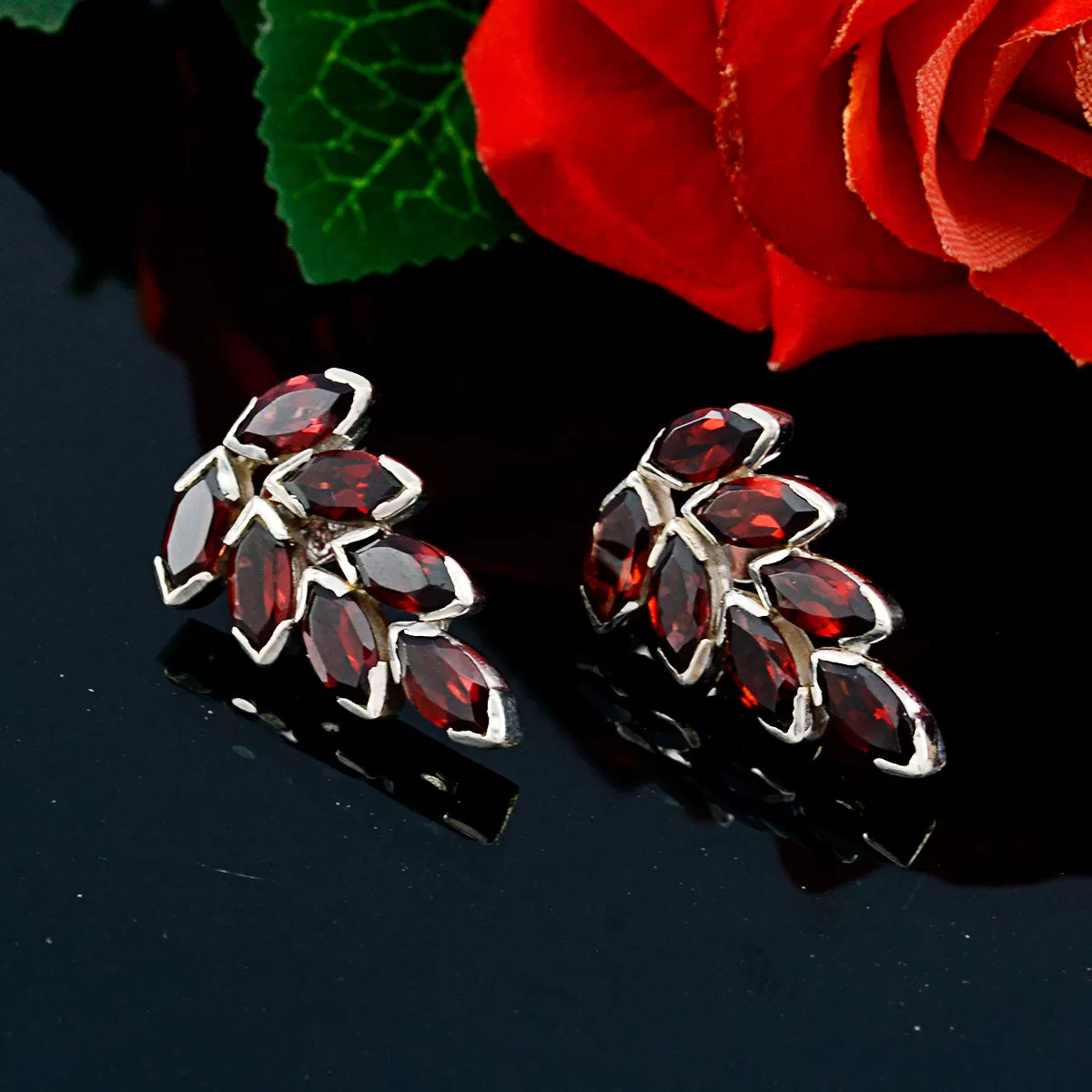 Riyo Genuine Gems Marquise Faceted Red Garnet Silver Earrings gift for sister