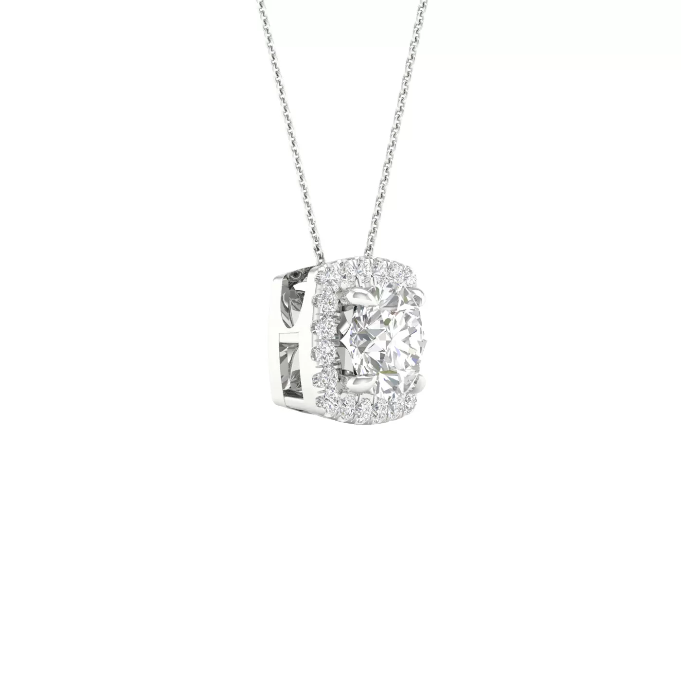 Round Diamond Pendant with Cushion Halo, Chain Included