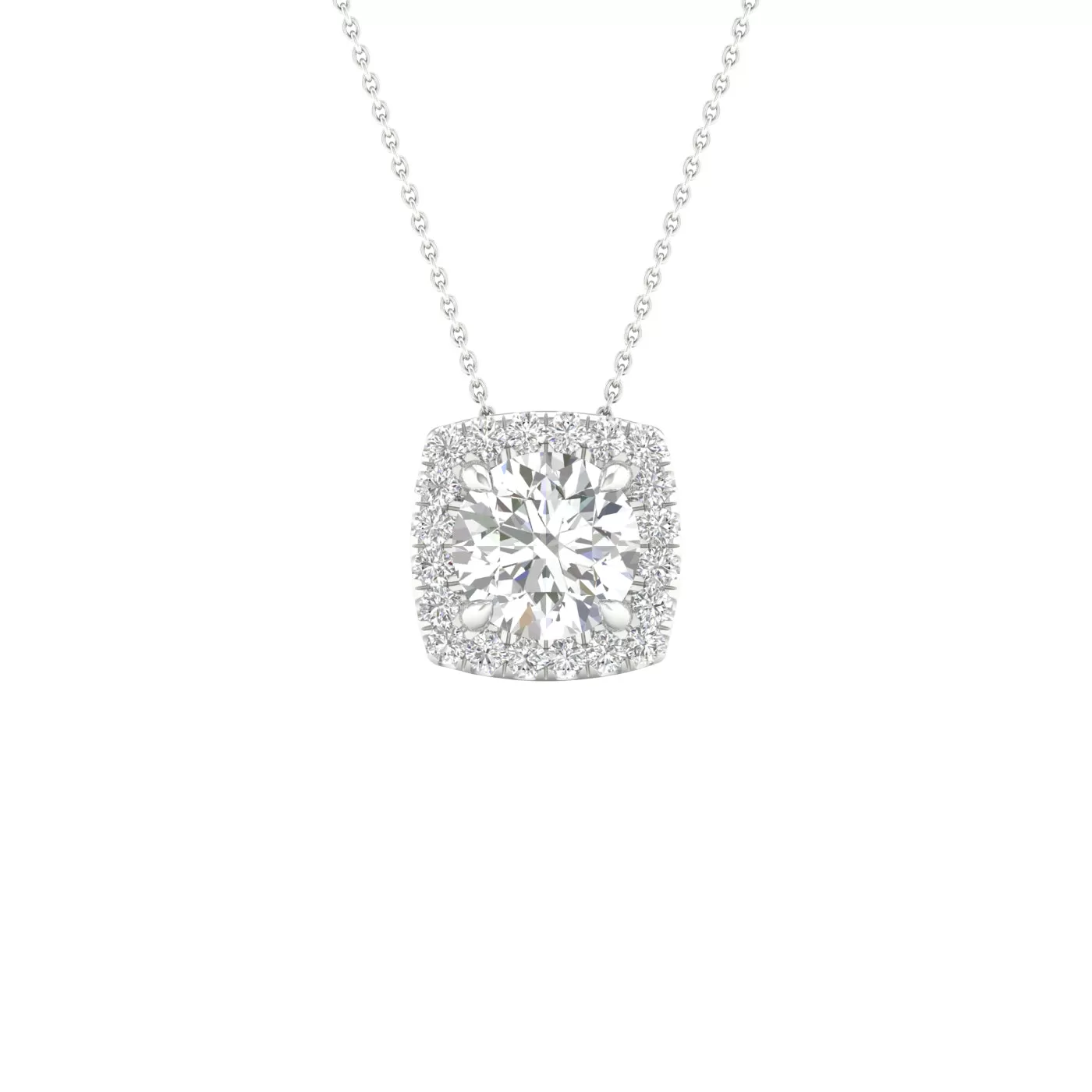 Round Diamond Pendant with Cushion Halo, Chain Included