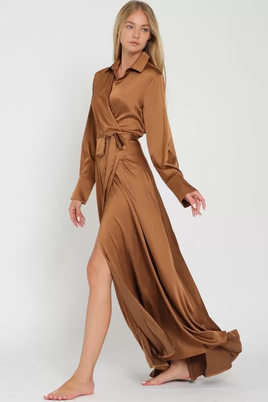 Sinead 70s Style Collar Wrap Maxi Dress - Bronze