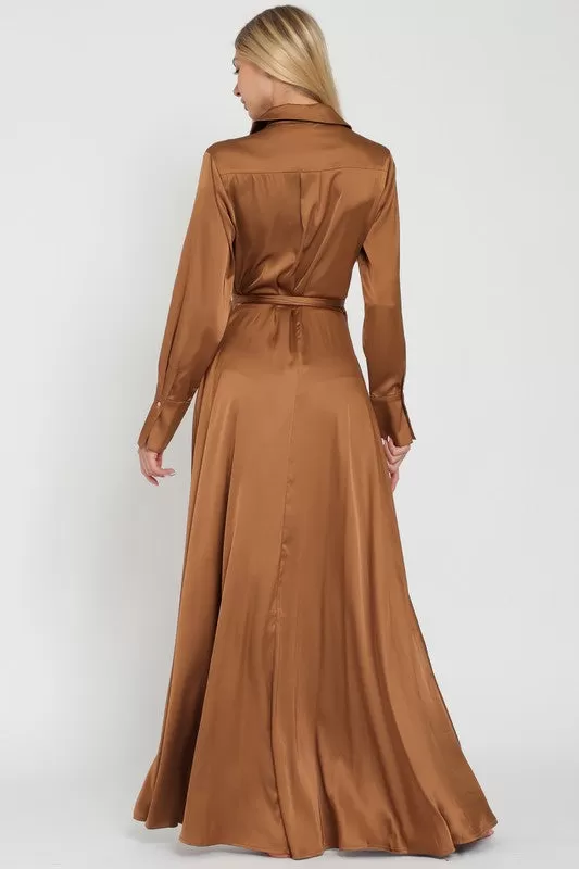 Sinead 70s Style Collar Wrap Maxi Dress - Bronze