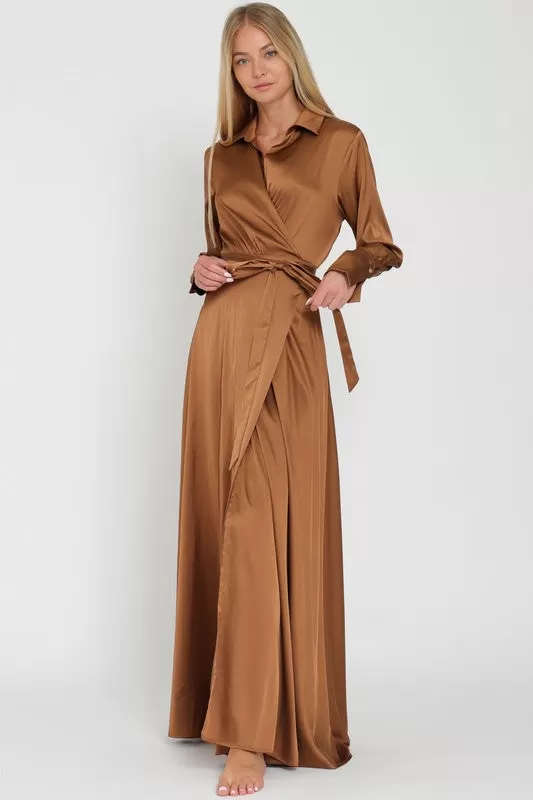 Sinead 70s Style Collar Wrap Maxi Dress - Bronze