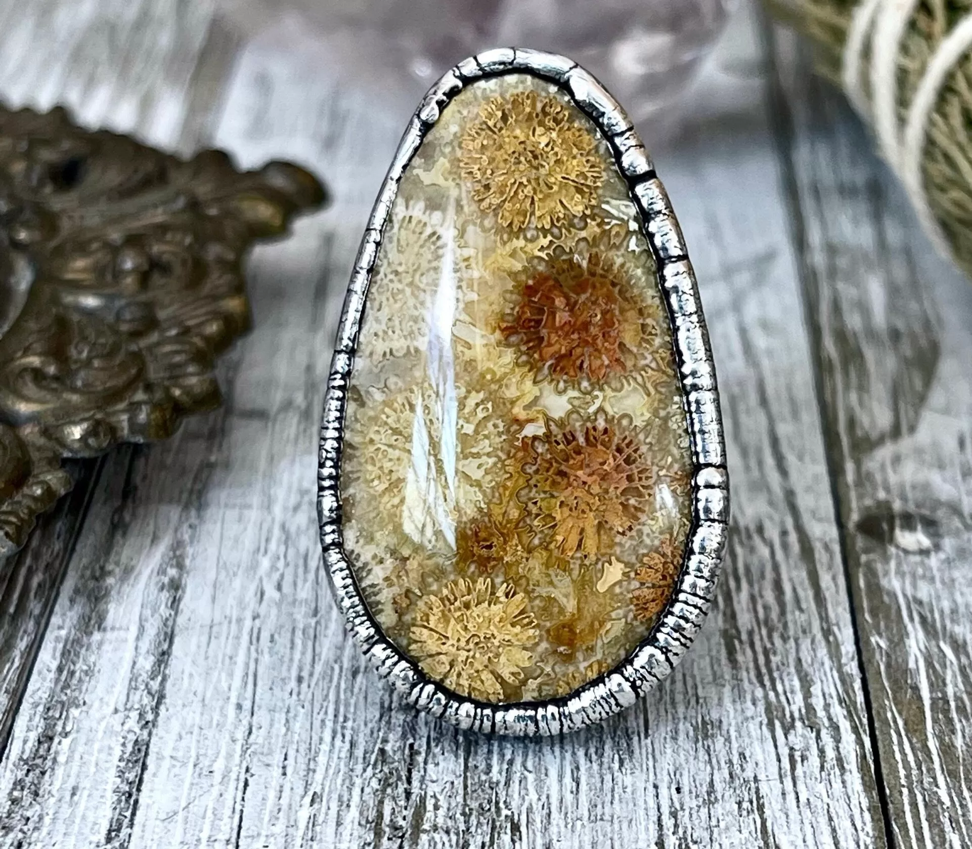 Size 7.5 Fossilized Coral Silver Statement Ring in Fine Silver / Foxlark Collection - One of a Kind