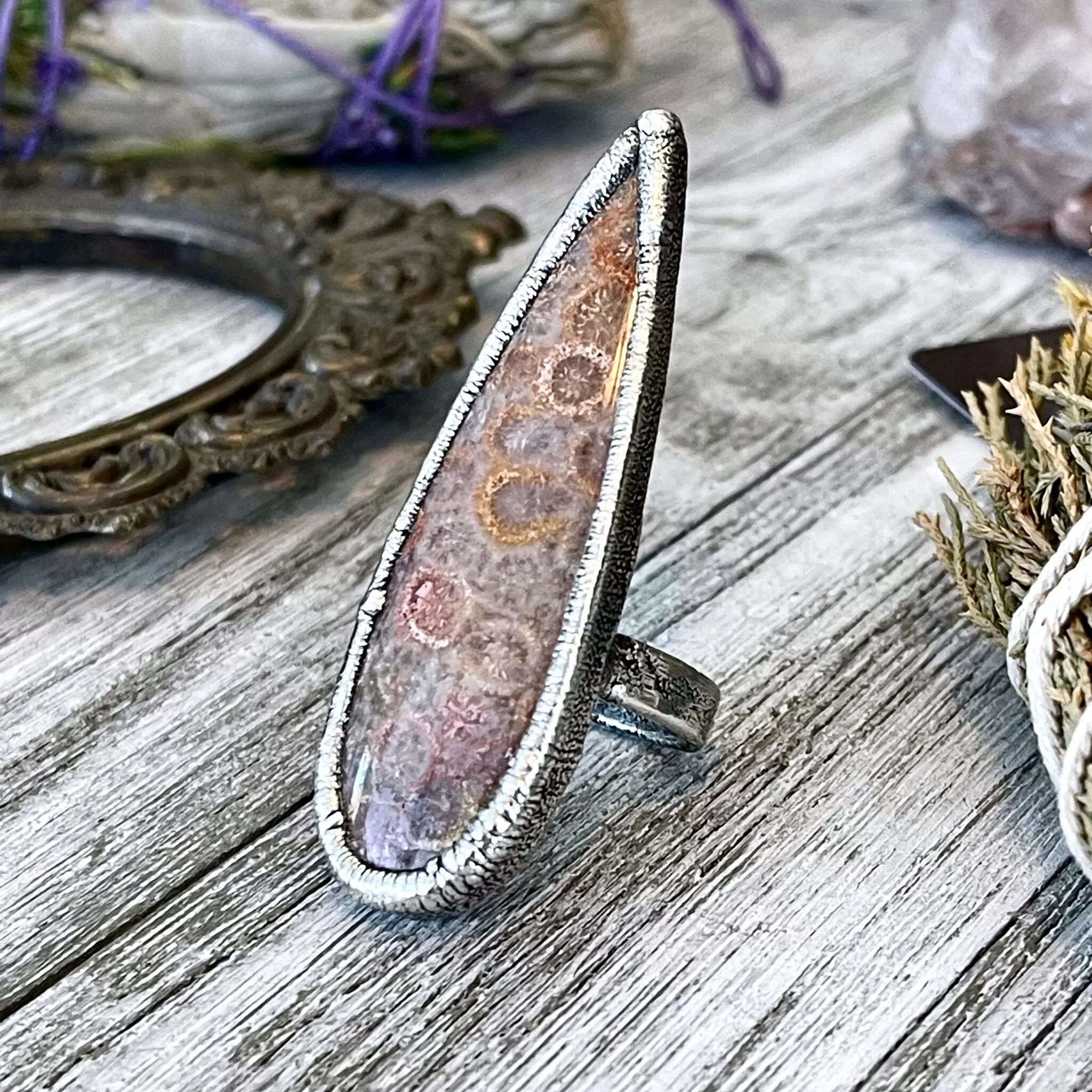 Size 8.5 Fossilized Coral Silver Statement Ring / Foxlark Collection - One of a Kind