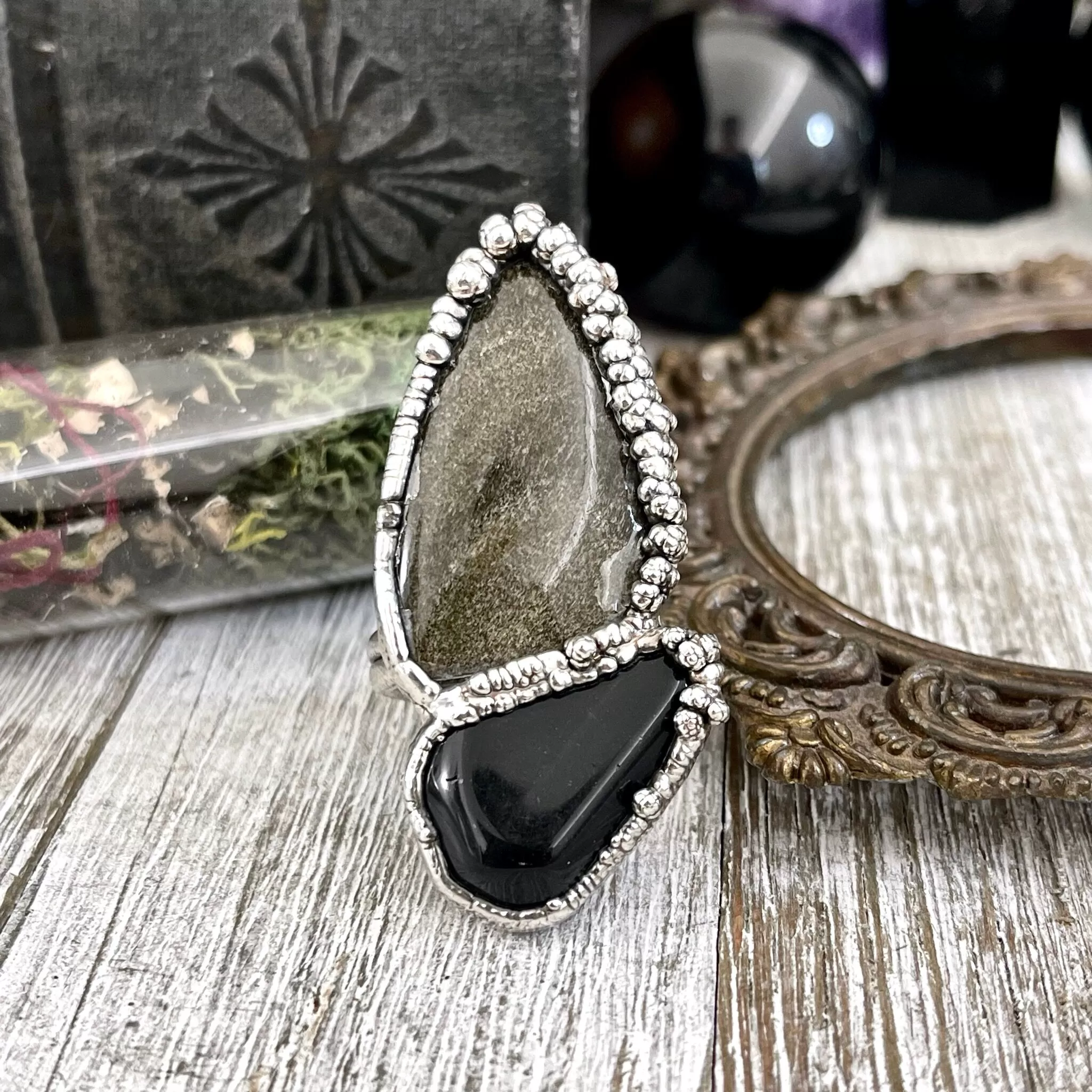 Size 9.5 Two Stone Ring- Golden Sheen Black Onyx Crystal Ring Fine Silver / Foxlark Collection - One of a Kind