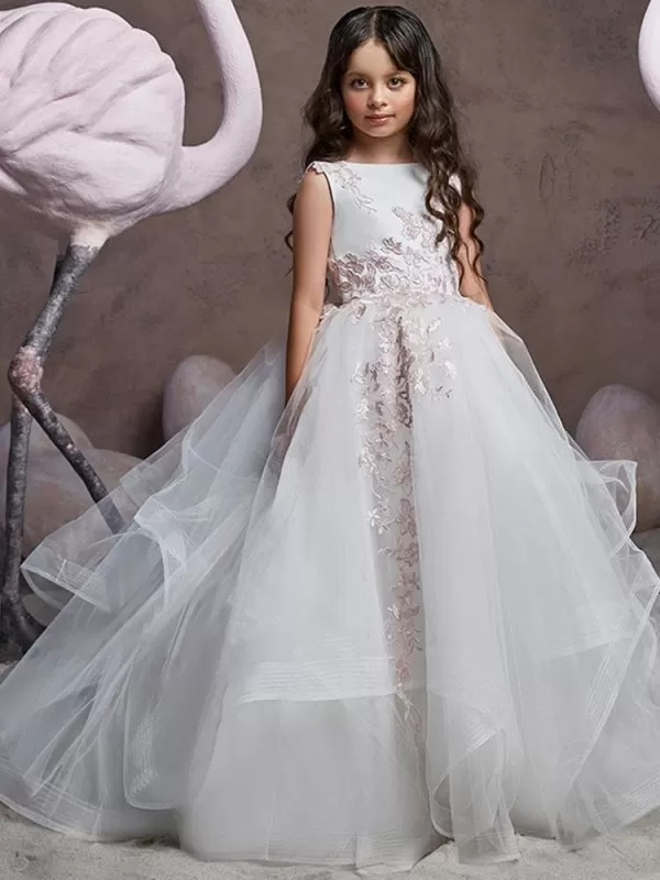 Sleeveless Sweep Princess Silhouette Embroidered Flower Girl Dresses Jewel Neck Tulle  Formal Kids Pageant Dresses