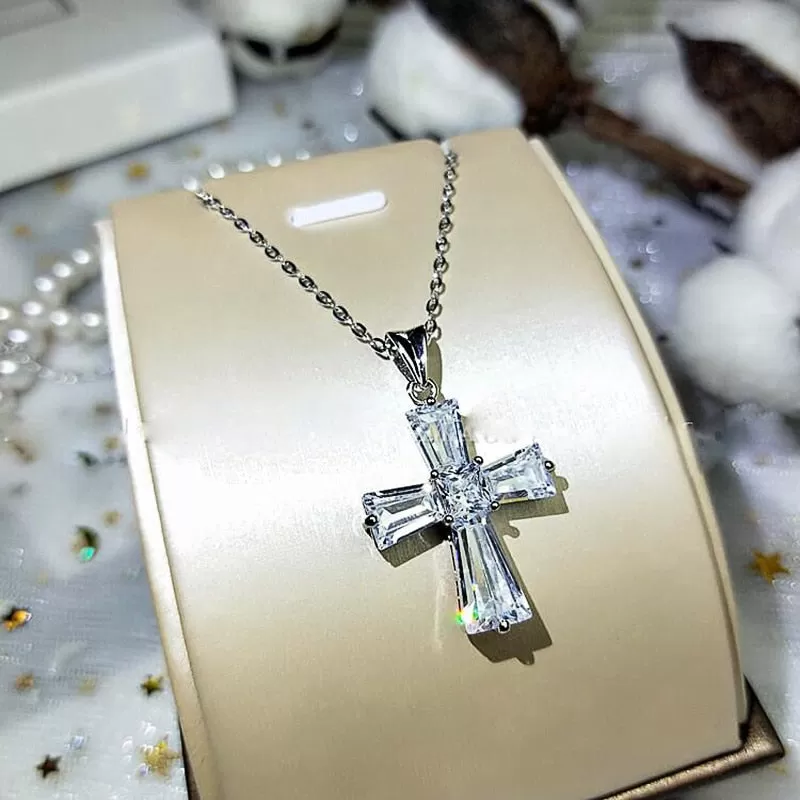 Small Sterling Silver Baguette Cubic Zirconia Cross Pendant Necklace