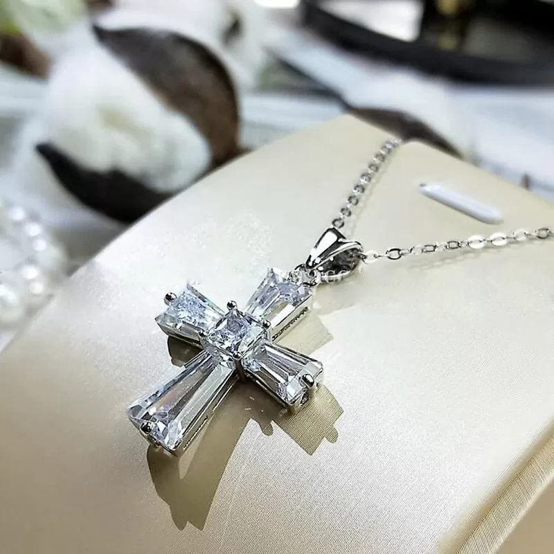 Small Sterling Silver Baguette Cubic Zirconia Cross Pendant Necklace