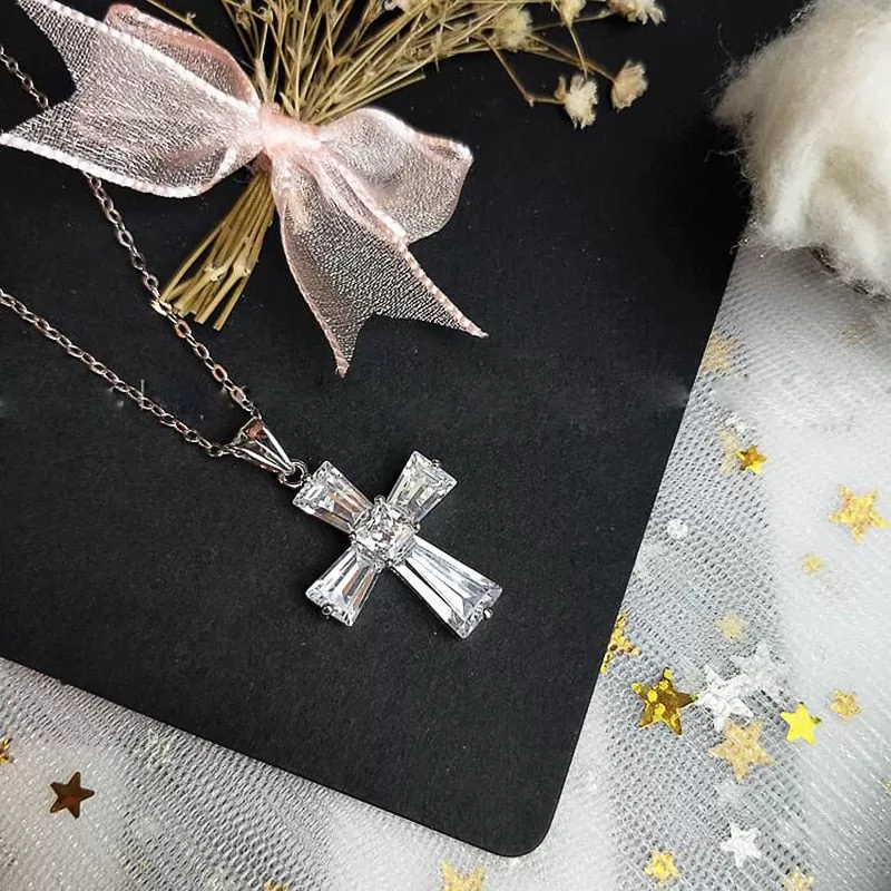 Small Sterling Silver Baguette Cubic Zirconia Cross Pendant Necklace