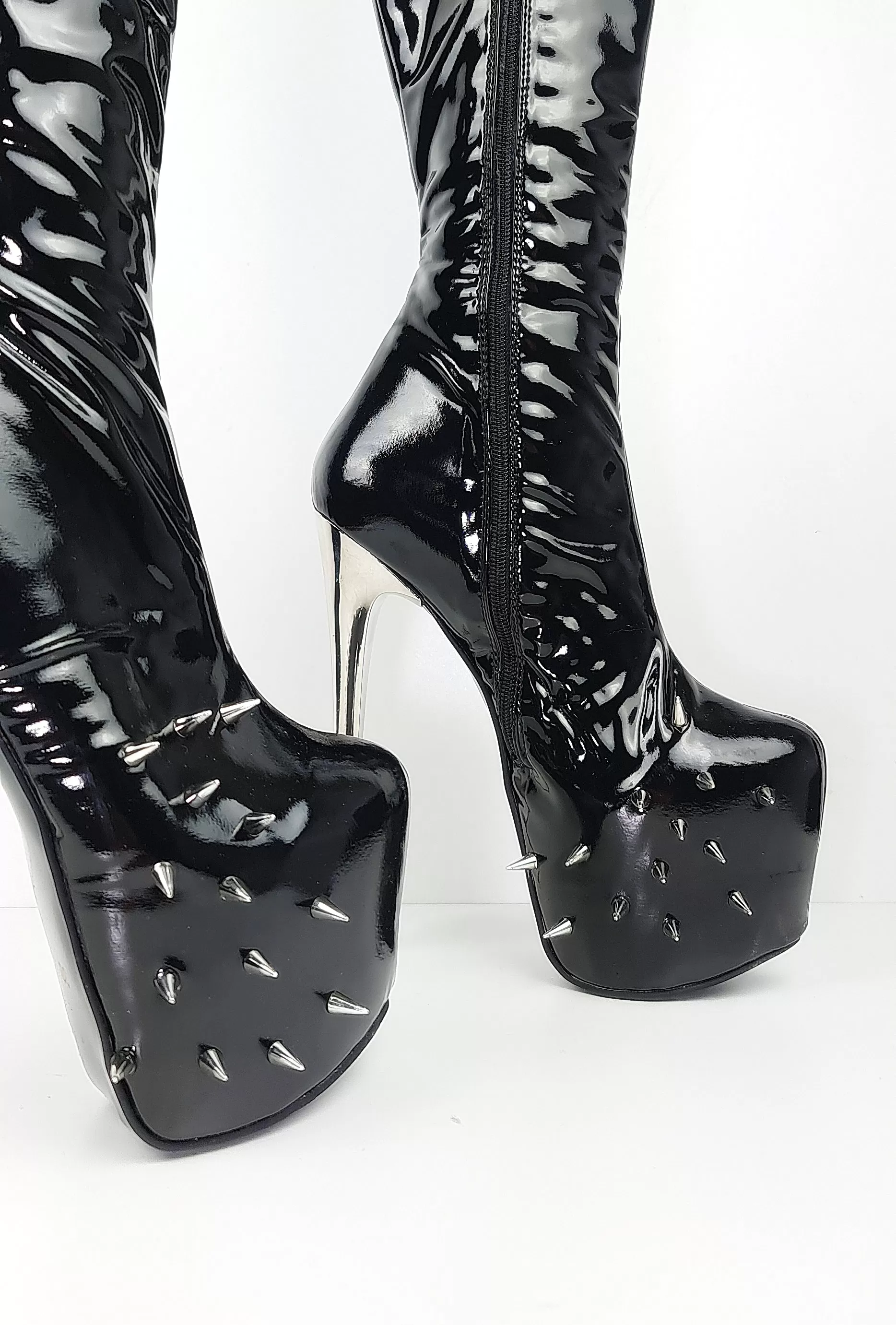 Spike Detail Black Gloss Mid Calf High Heel Boots