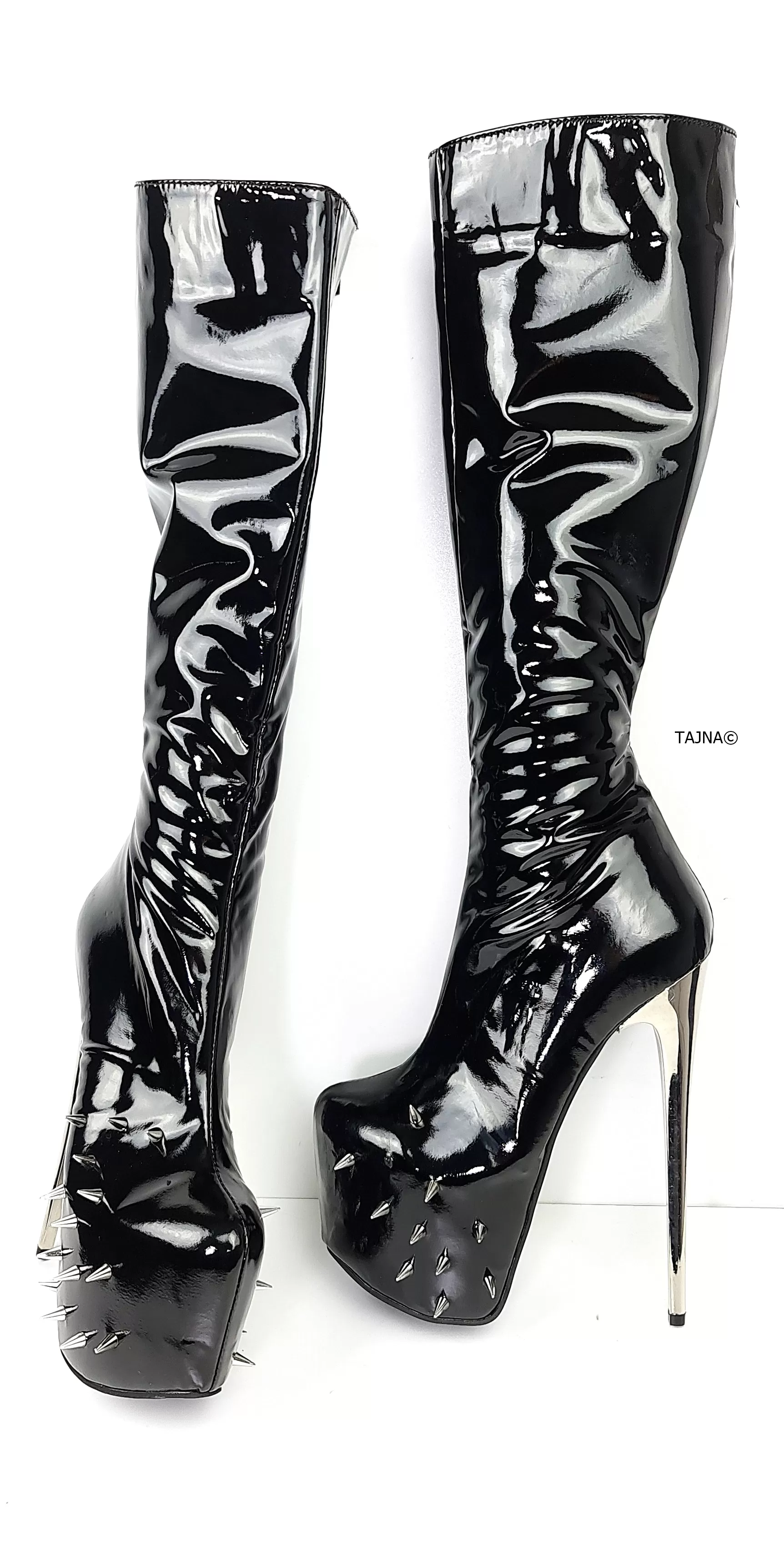 Spike Detail Black Gloss Mid Calf High Heel Boots