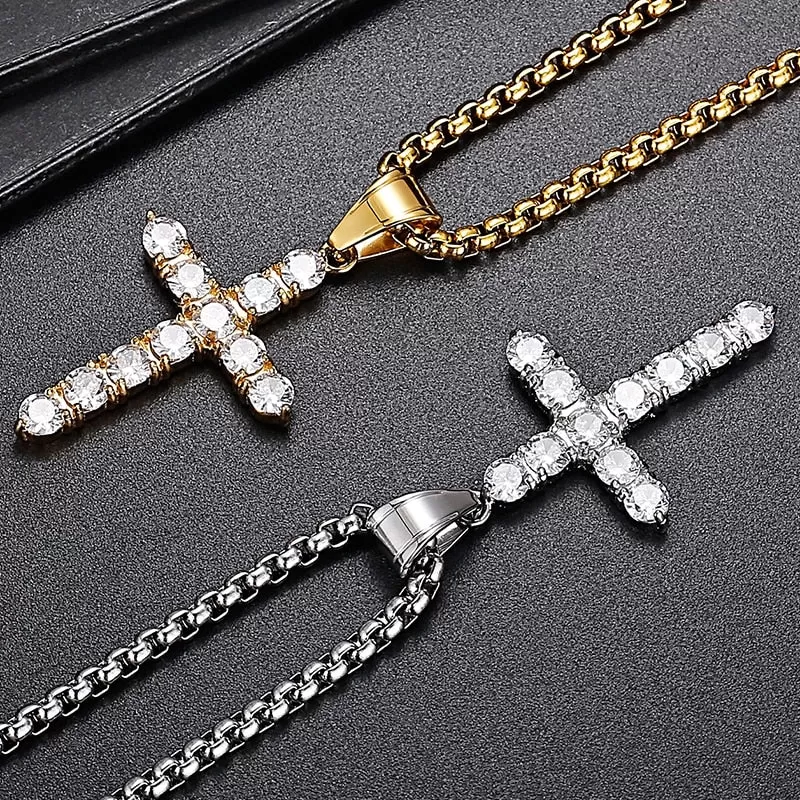 Stainless Steel Iced Cubic Zirconia Cross Pendant Necklace