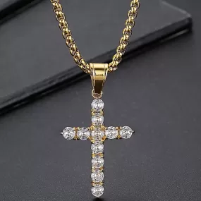 Stainless Steel Iced Cubic Zirconia Cross Pendant Necklace