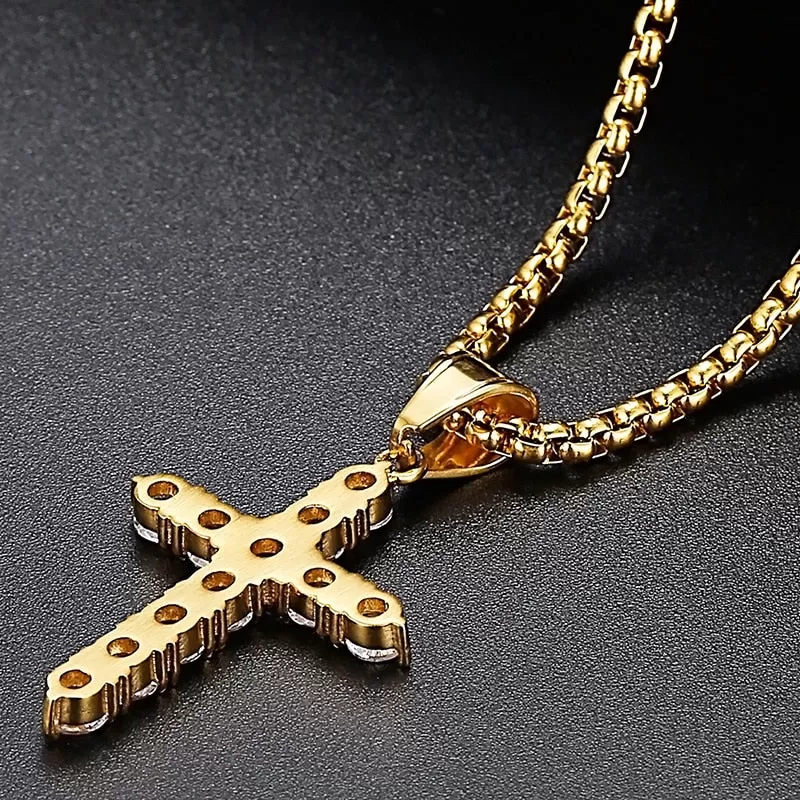 Stainless Steel Iced Cubic Zirconia Cross Pendant Necklace