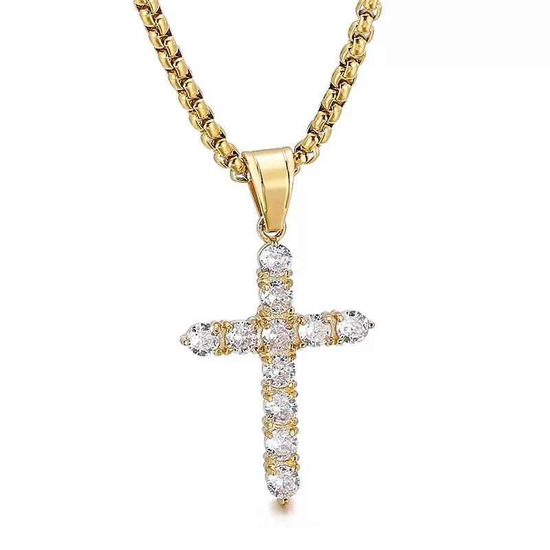 Stainless Steel Iced Cubic Zirconia Cross Pendant Necklace