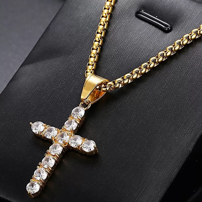 Stainless Steel Iced Cubic Zirconia Cross Pendant Necklace