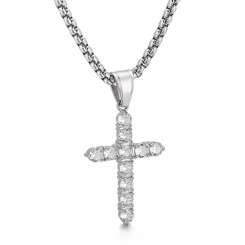 Stainless Steel Iced Cubic Zirconia Cross Pendant Necklace