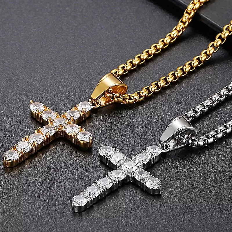 Stainless Steel Iced Cubic Zirconia Cross Pendant Necklace