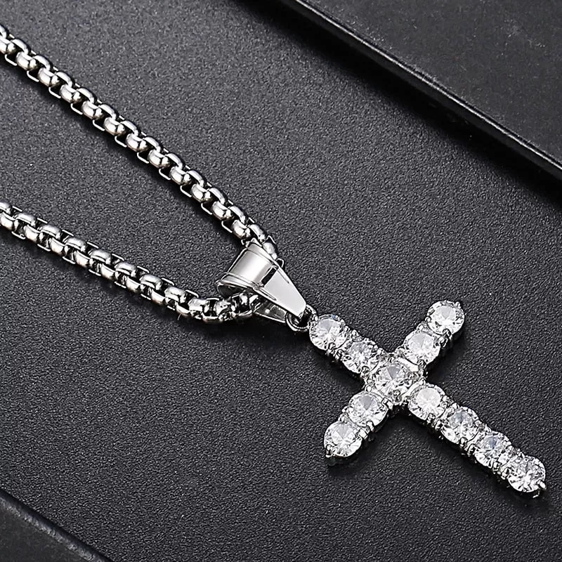 Stainless Steel Iced Cubic Zirconia Cross Pendant Necklace